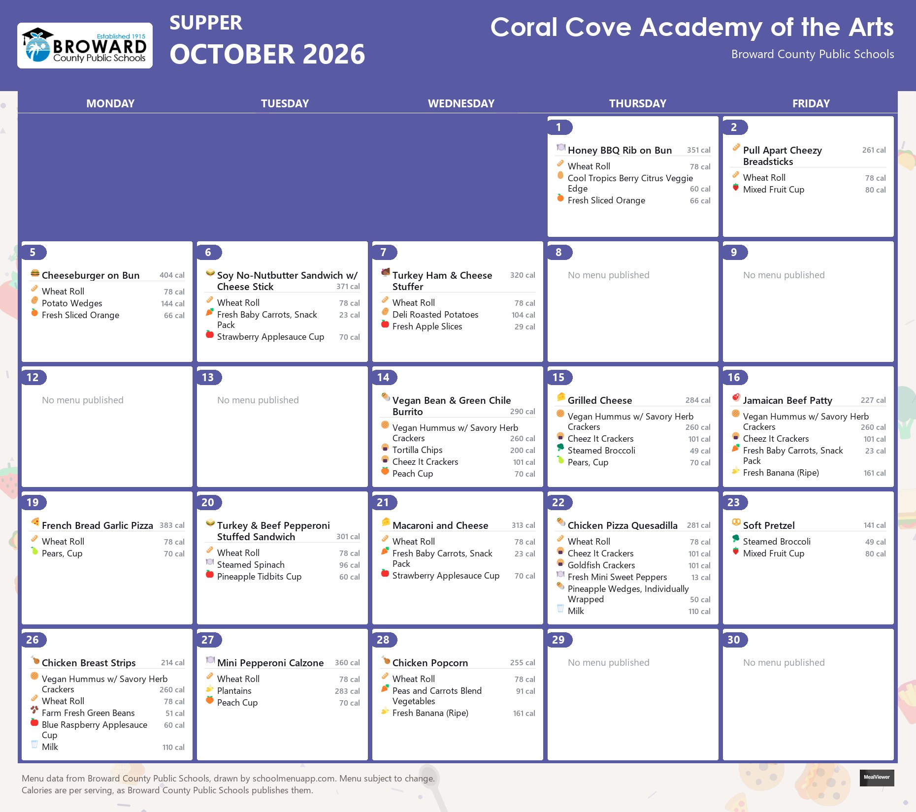Coral Cove Academy of the Arts supper menu for October 2026 &mdash; Broward County Public Schools