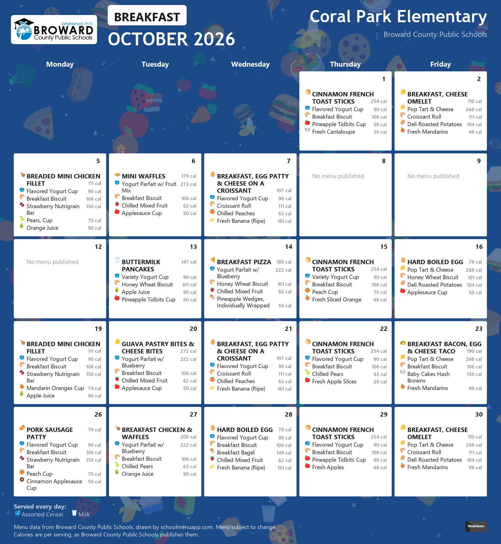 Coral Park Elementary breakfast menu for October 2026 &mdash; Broward County Public Schools