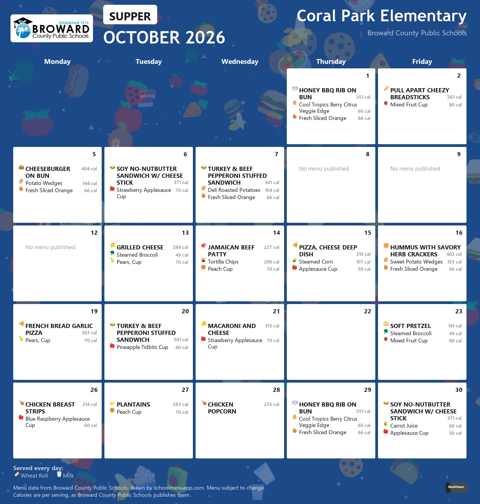 Coral Park Elementary supper menu for October 2026 &mdash; Broward County Public Schools