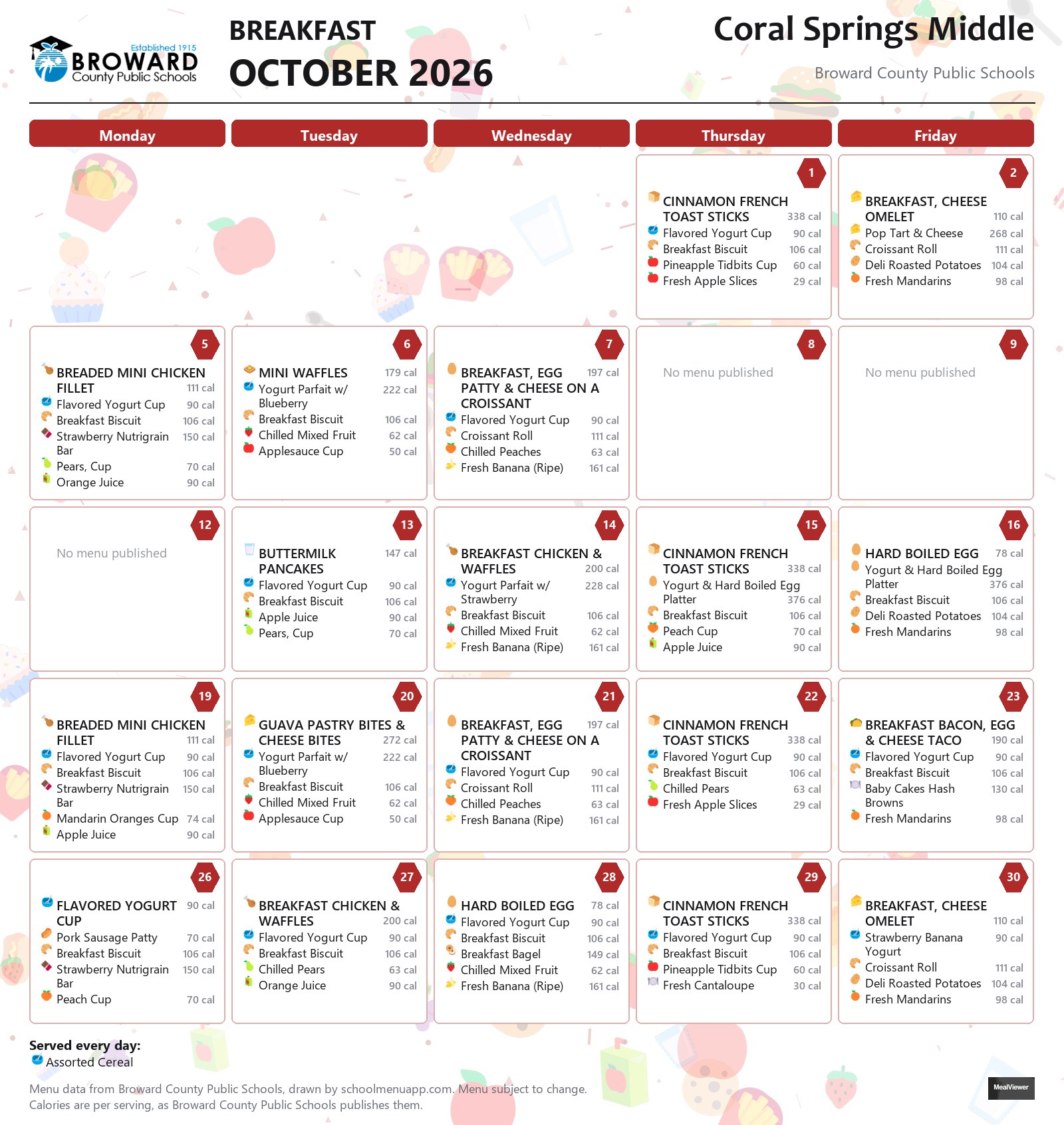 Coral Springs Middle breakfast menu for October 2026 &mdash; Broward County Public Schools