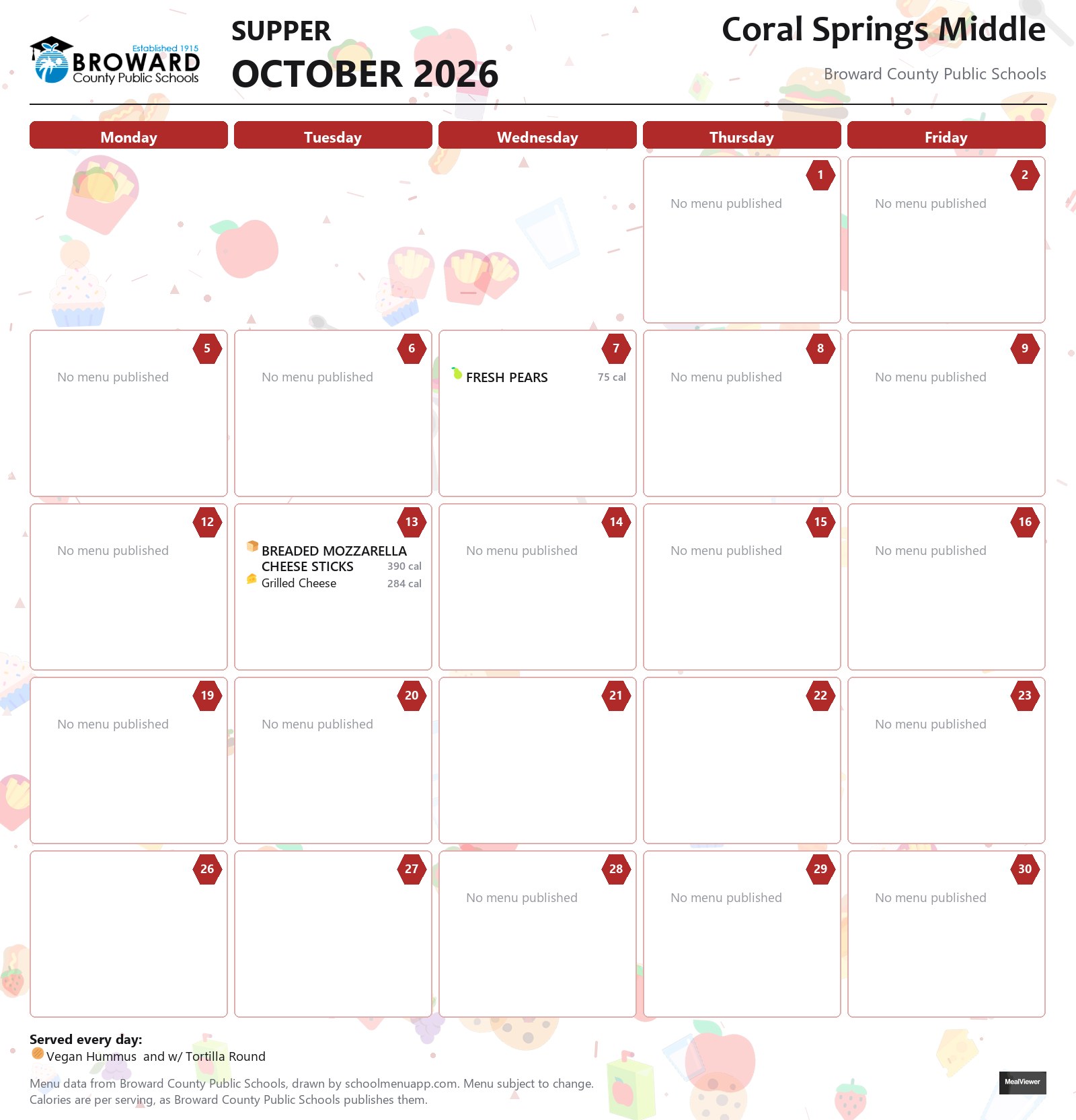 Coral Springs Middle supper menu for October 2026 &mdash; Broward County Public Schools