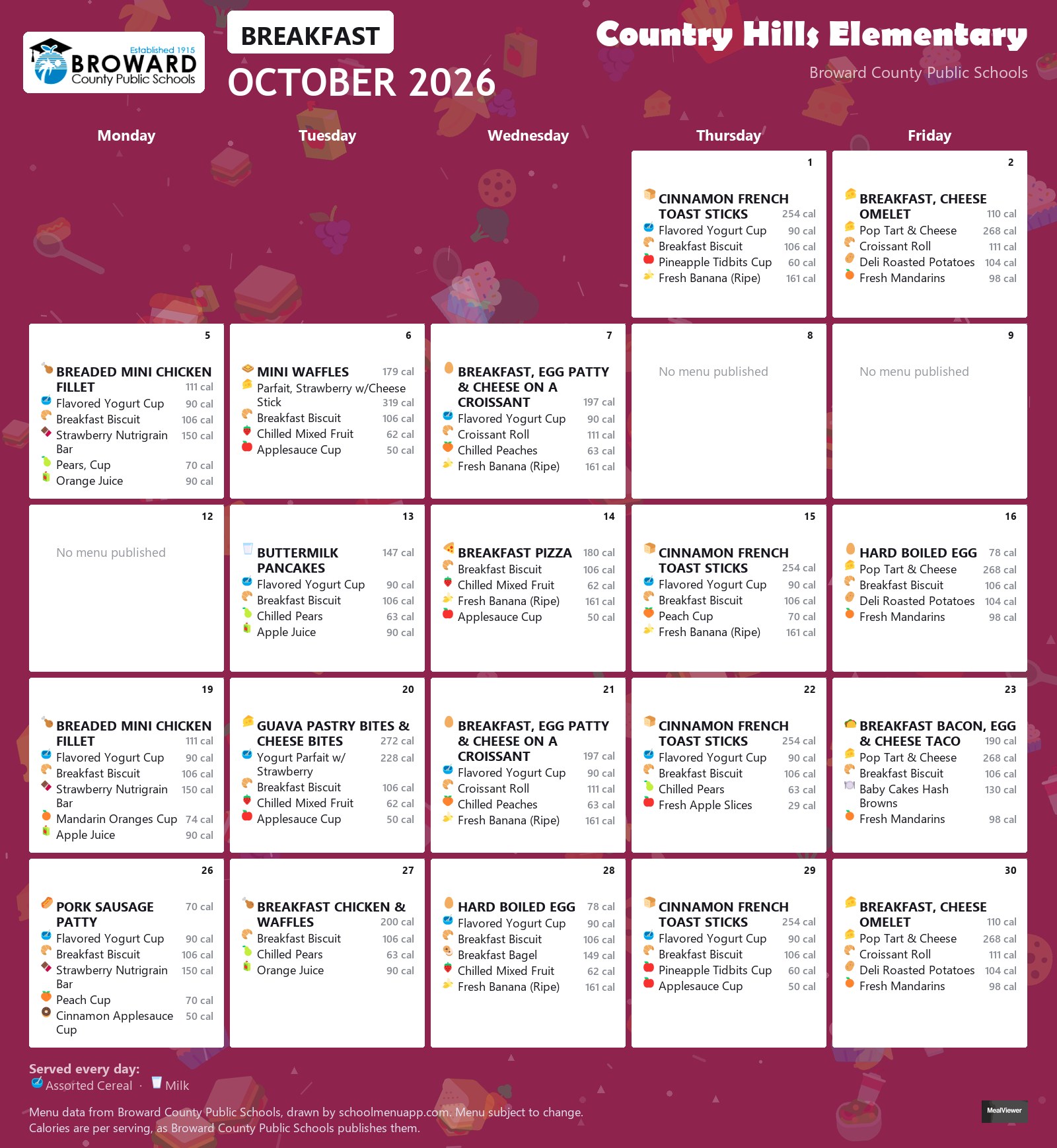 Country Hills Elementary breakfast menu for October 2026 &mdash; Broward County Public Schools