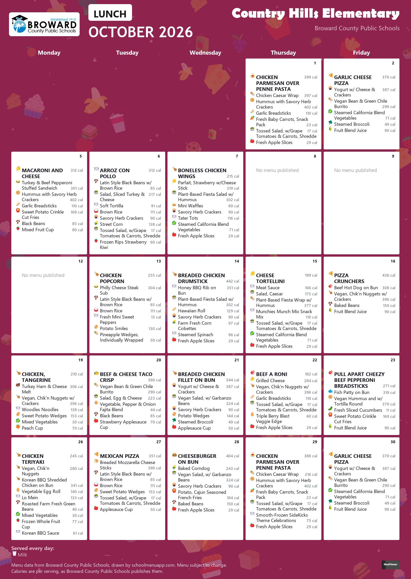 Country Hills Elementary lunch menu for October 2026 &mdash; Broward County Public Schools