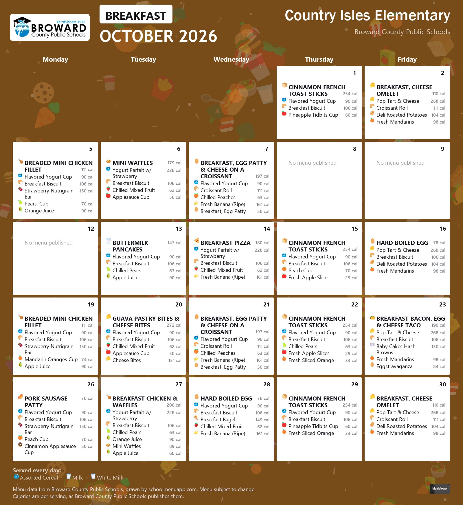 Country Isles Elementary breakfast menu for October 2026 &mdash; Broward County Public Schools