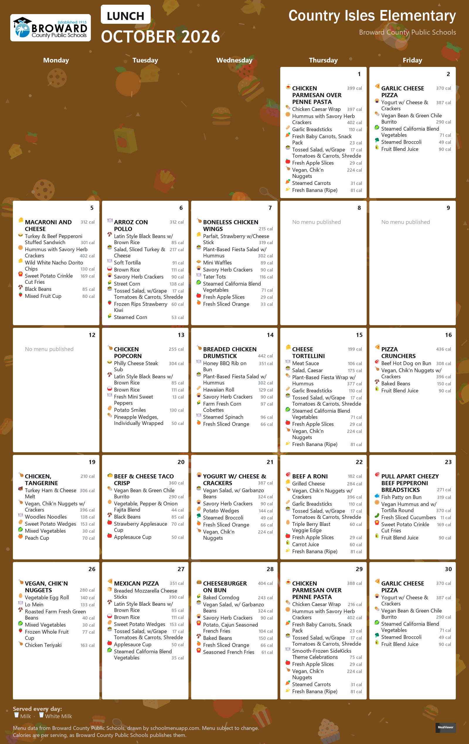 Country Isles Elementary lunch menu for October 2026 &mdash; Broward County Public Schools