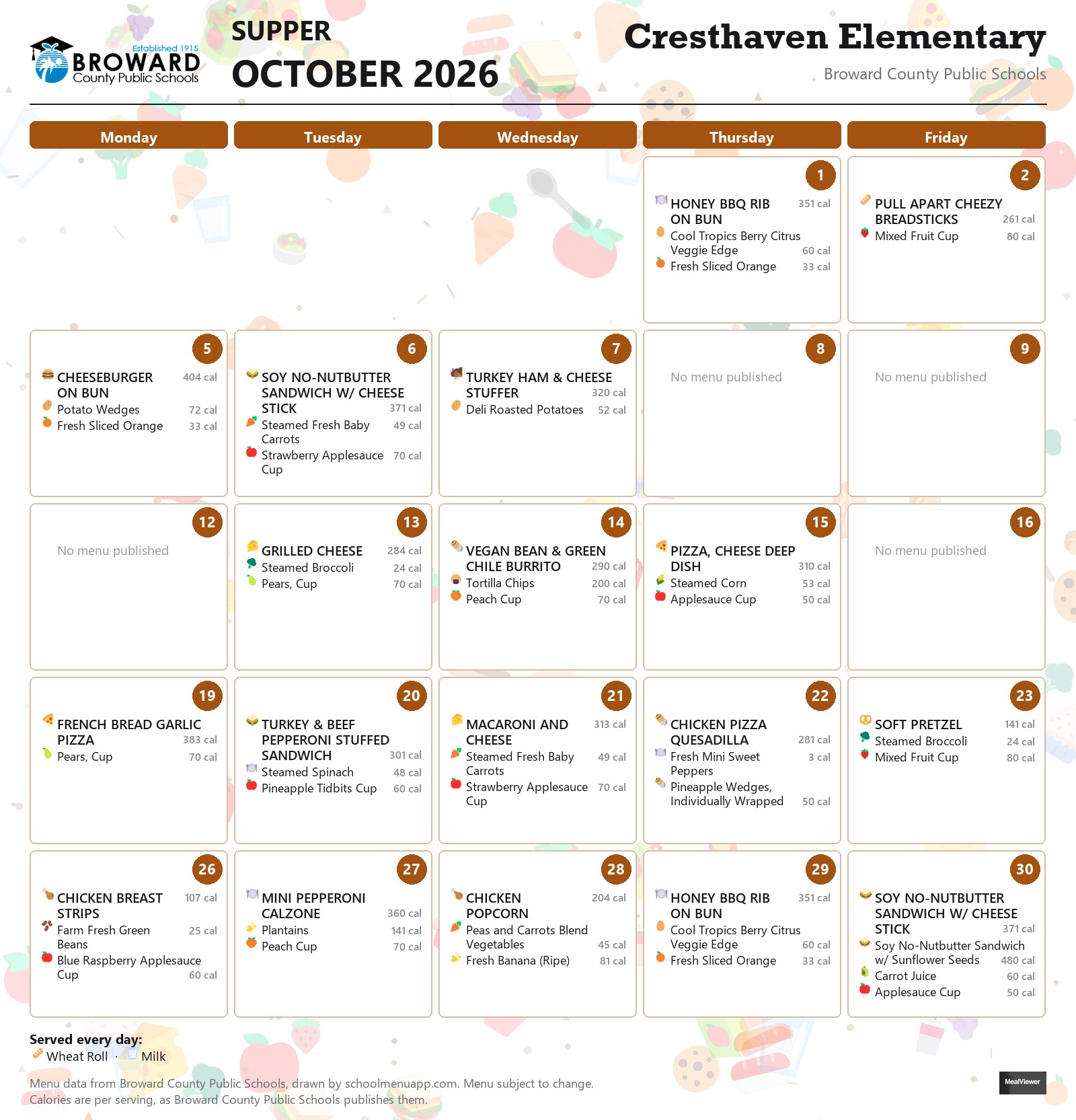 Cresthaven Elementary supper menu for October 2026 &mdash; Broward County Public Schools