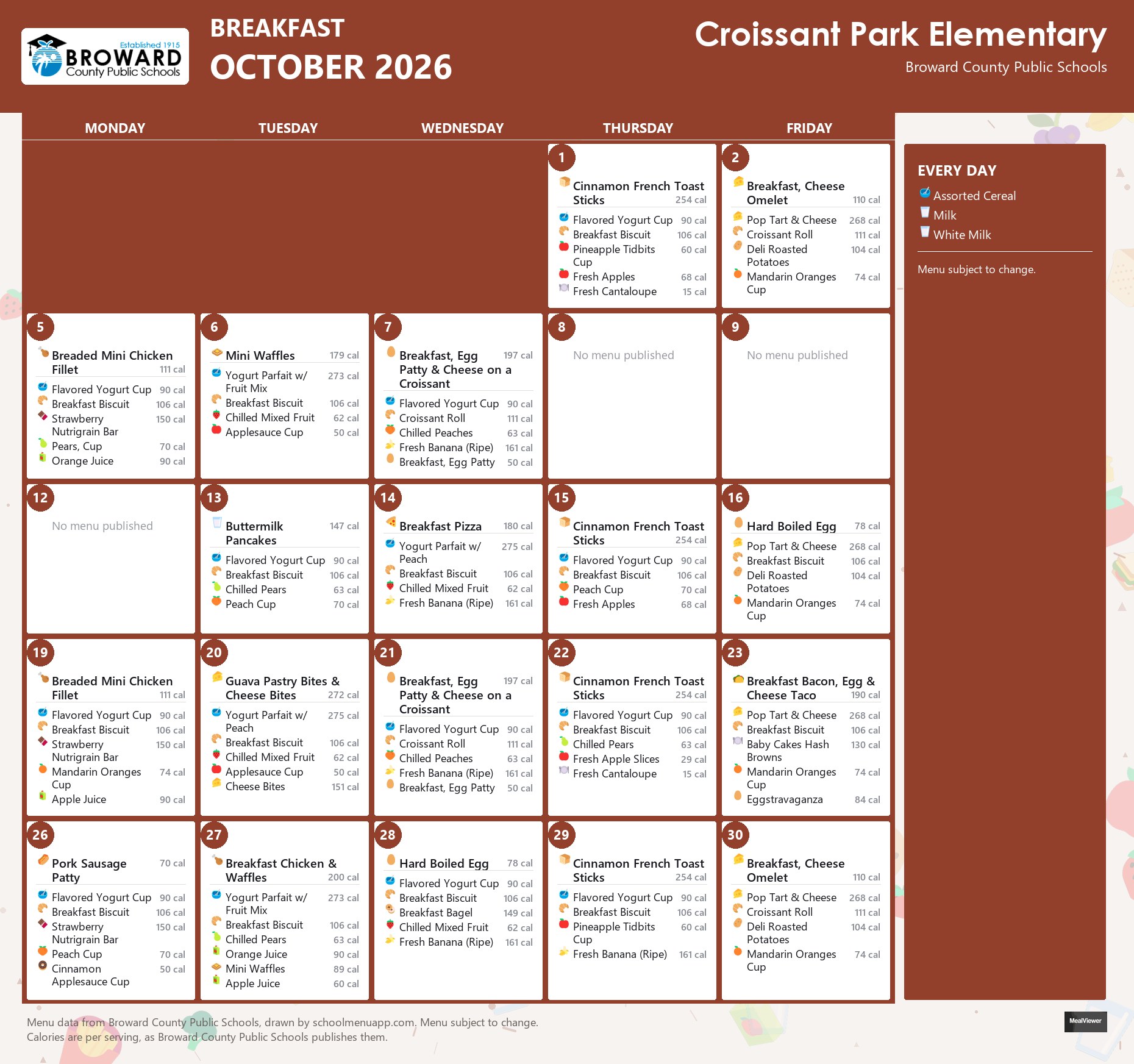 Croissant Park Elementary breakfast menu for October 2026 &mdash; Broward County Public Schools