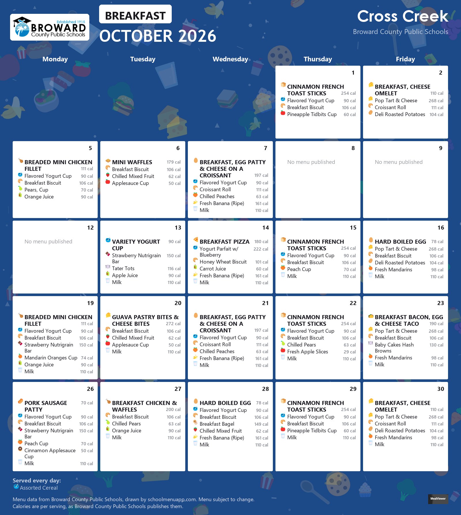 Cross Creek breakfast menu for October 2026 &mdash; Broward County Public Schools