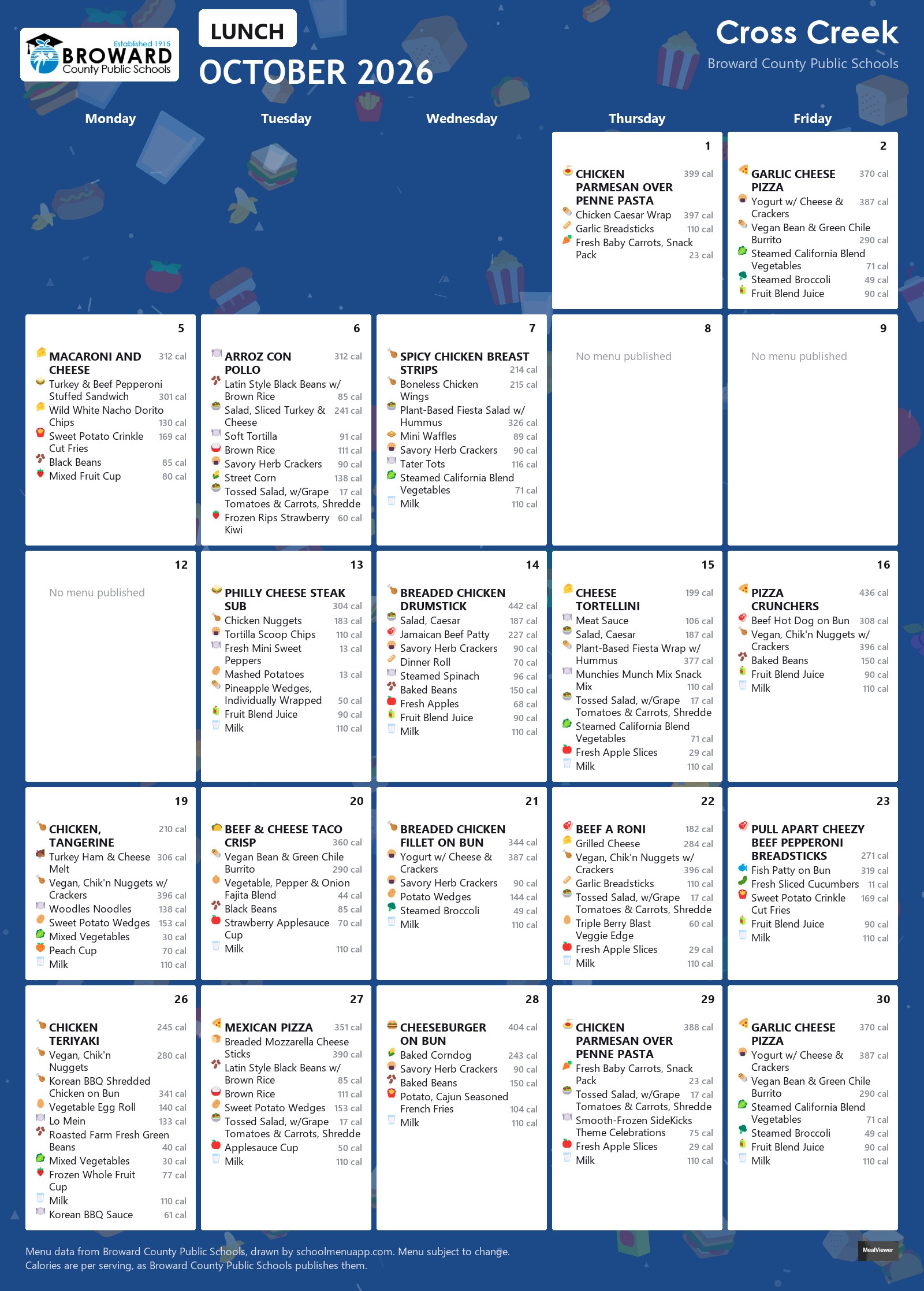 Cross Creek lunch menu for October 2026 &mdash; Broward County Public Schools