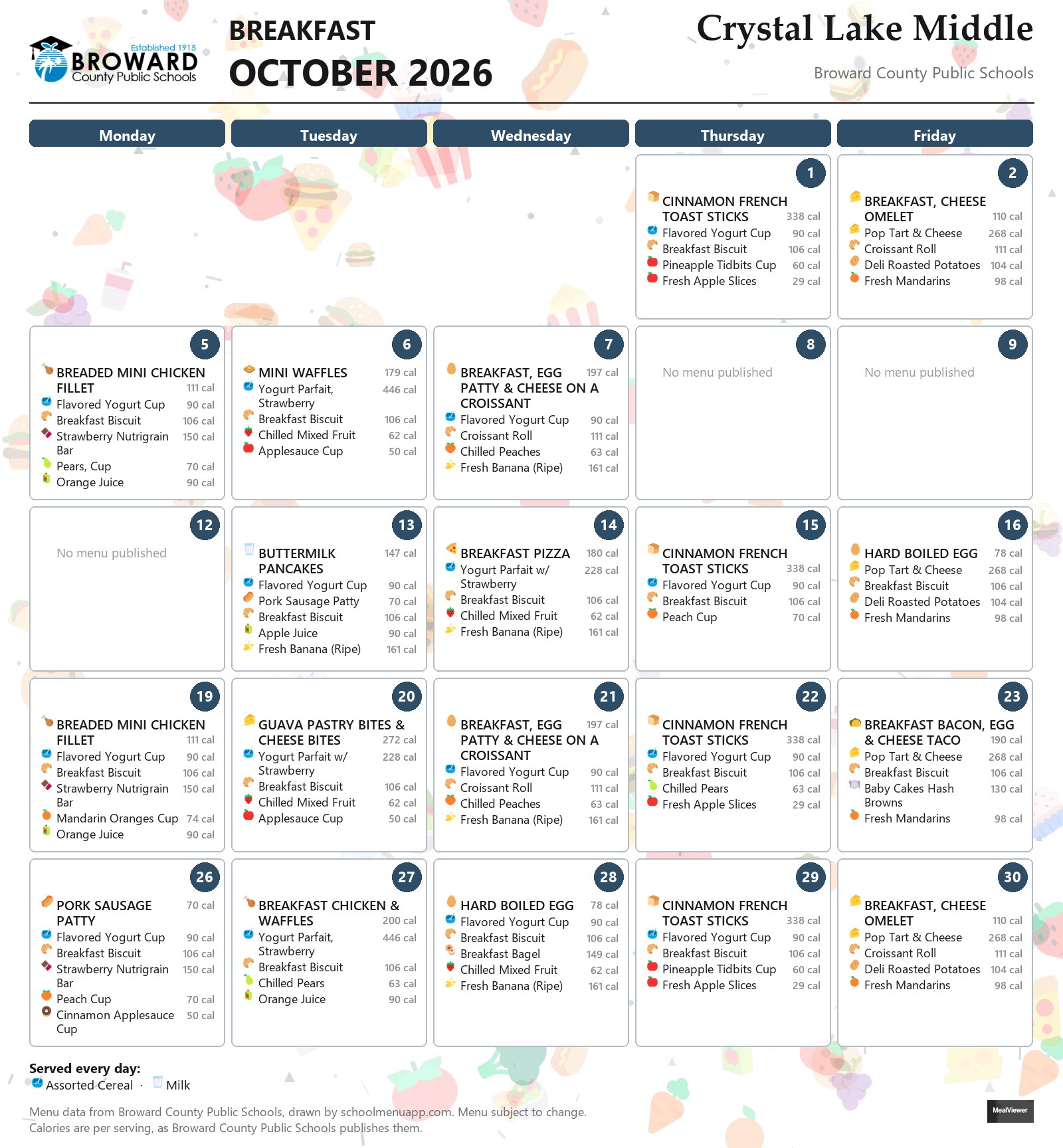 Crystal Lake Middle breakfast menu for October 2026 &mdash; Broward County Public Schools