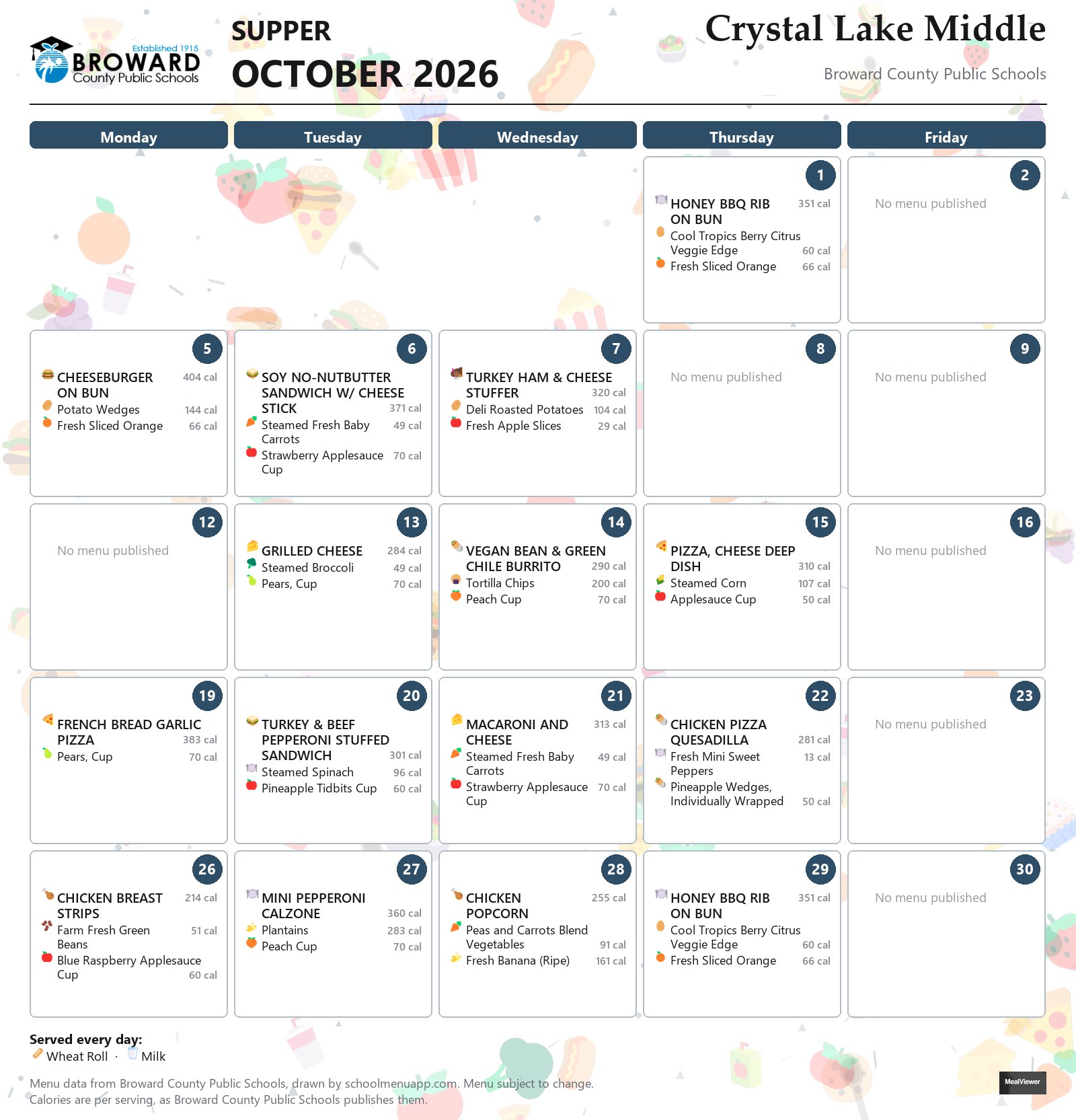 Crystal Lake Middle supper menu for October 2026 &mdash; Broward County Public Schools