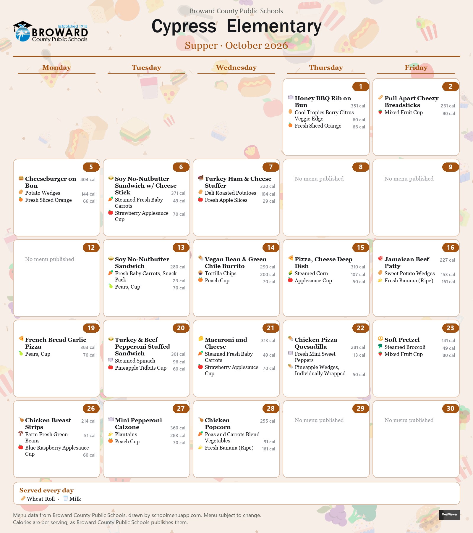 Cypress  Elementary supper menu for October 2026 &mdash; Broward County Public Schools