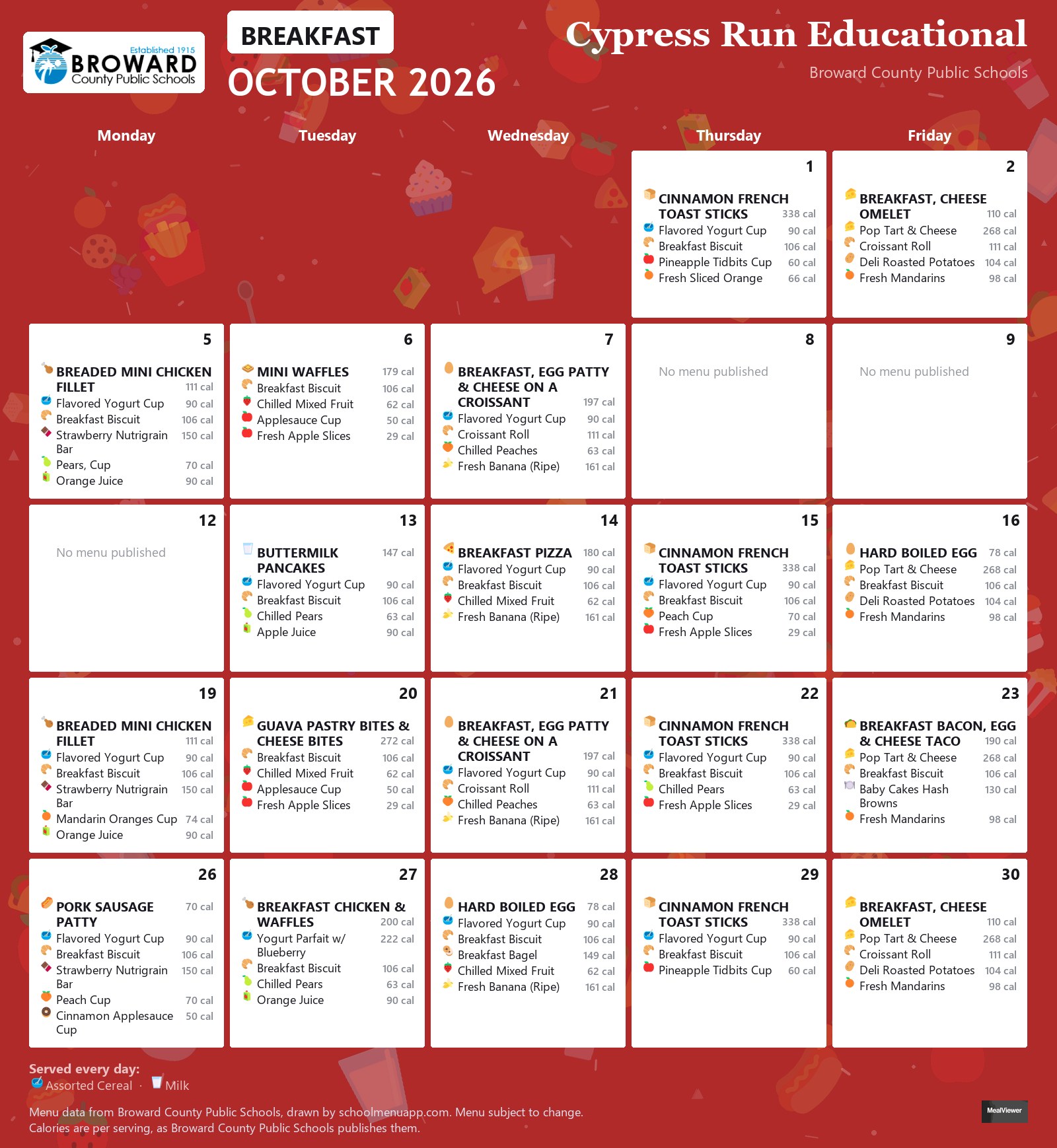 Cypress Run Educational breakfast menu for October 2026 &mdash; Broward County Public Schools