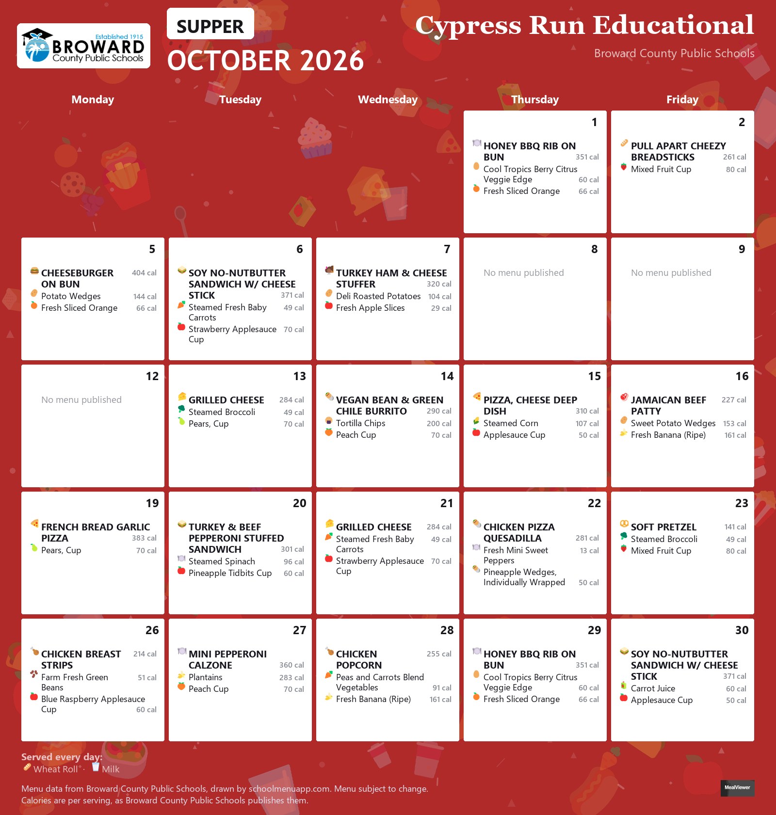 Cypress Run Educational supper menu for October 2026 &mdash; Broward County Public Schools