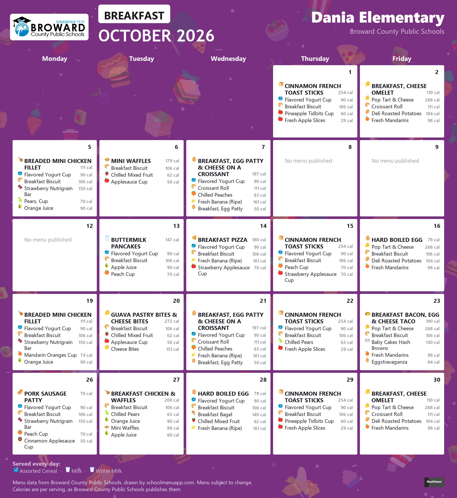 Dania Elementary breakfast menu for October 2026 &mdash; Broward County Public Schools