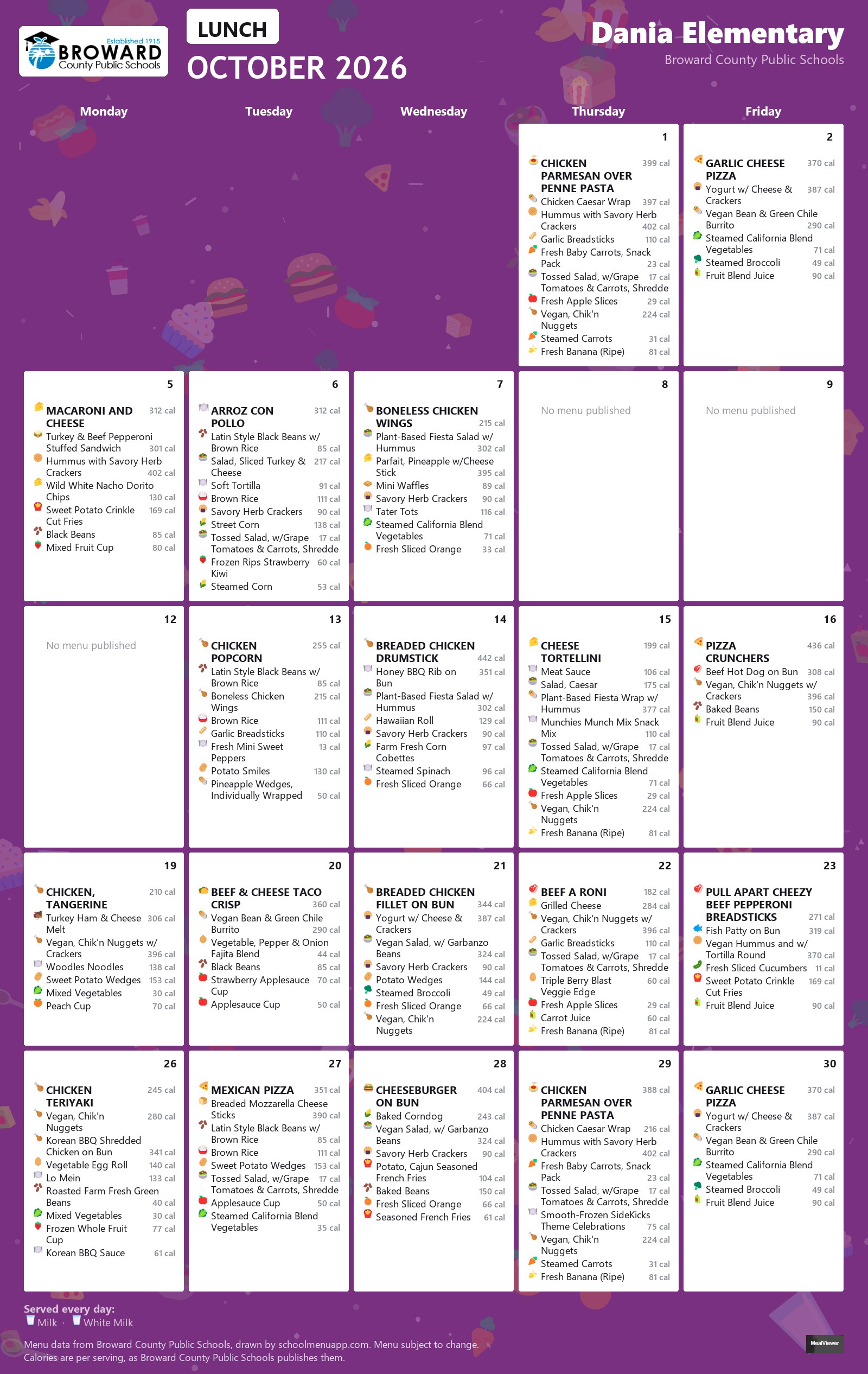 Dania Elementary lunch menu for October 2026 &mdash; Broward County Public Schools