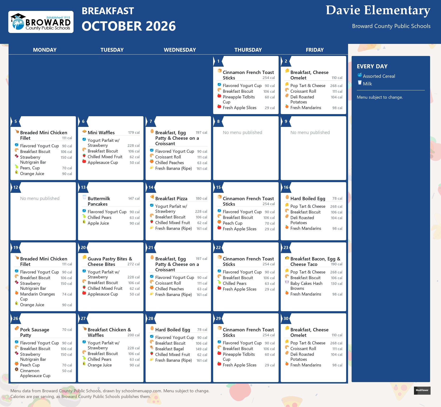 Davie Elementary breakfast menu for October 2026 &mdash; Broward County Public Schools