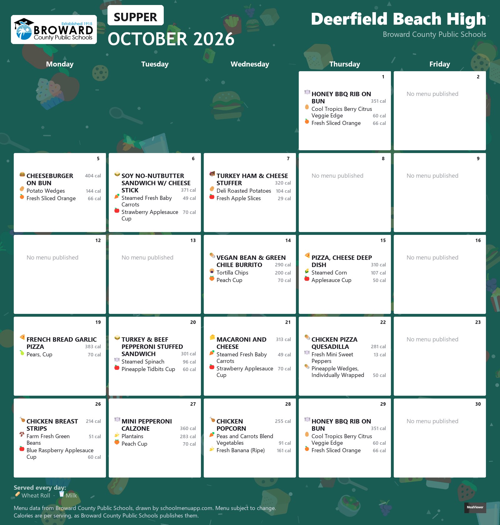 Deerfield Beach High supper menu for October 2026 &mdash; Broward County Public Schools
