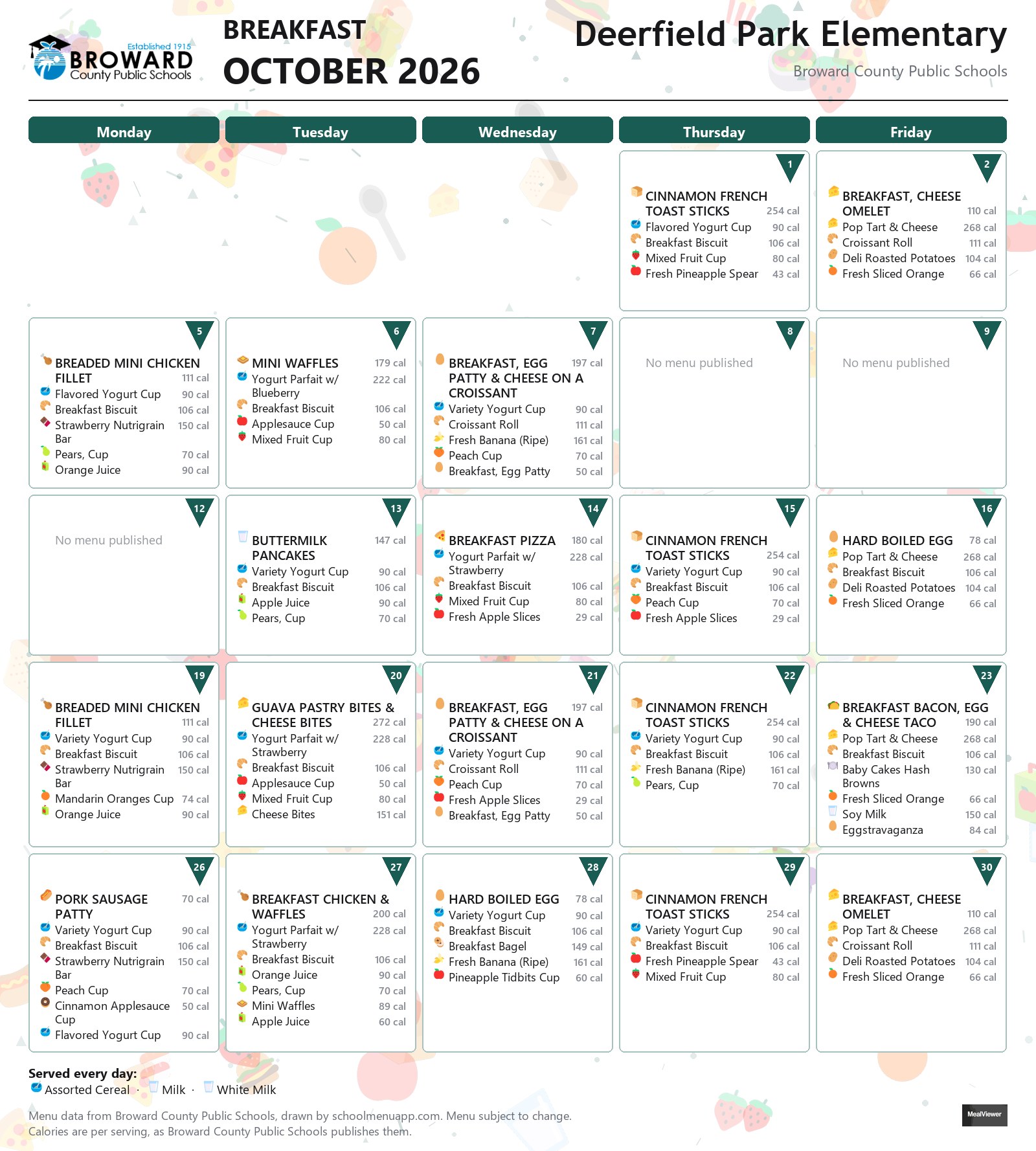 Deerfield Park Elementary breakfast menu for October 2026 &mdash; Broward County Public Schools