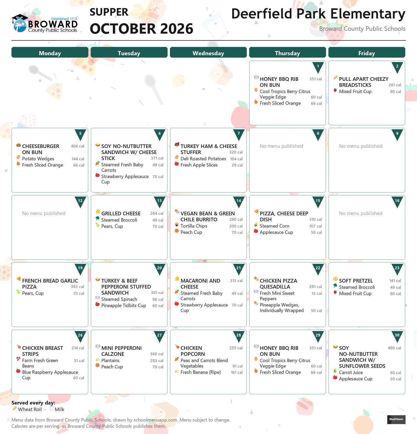 Deerfield Park Elementary supper menu for October 2026 &mdash; Broward County Public Schools