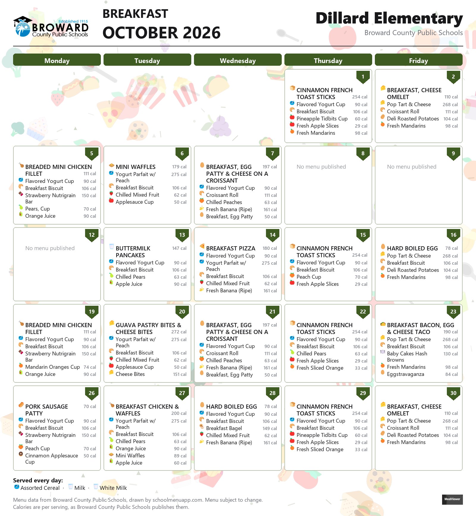 Dillard Elementary breakfast menu for October 2026 &mdash; Broward County Public Schools