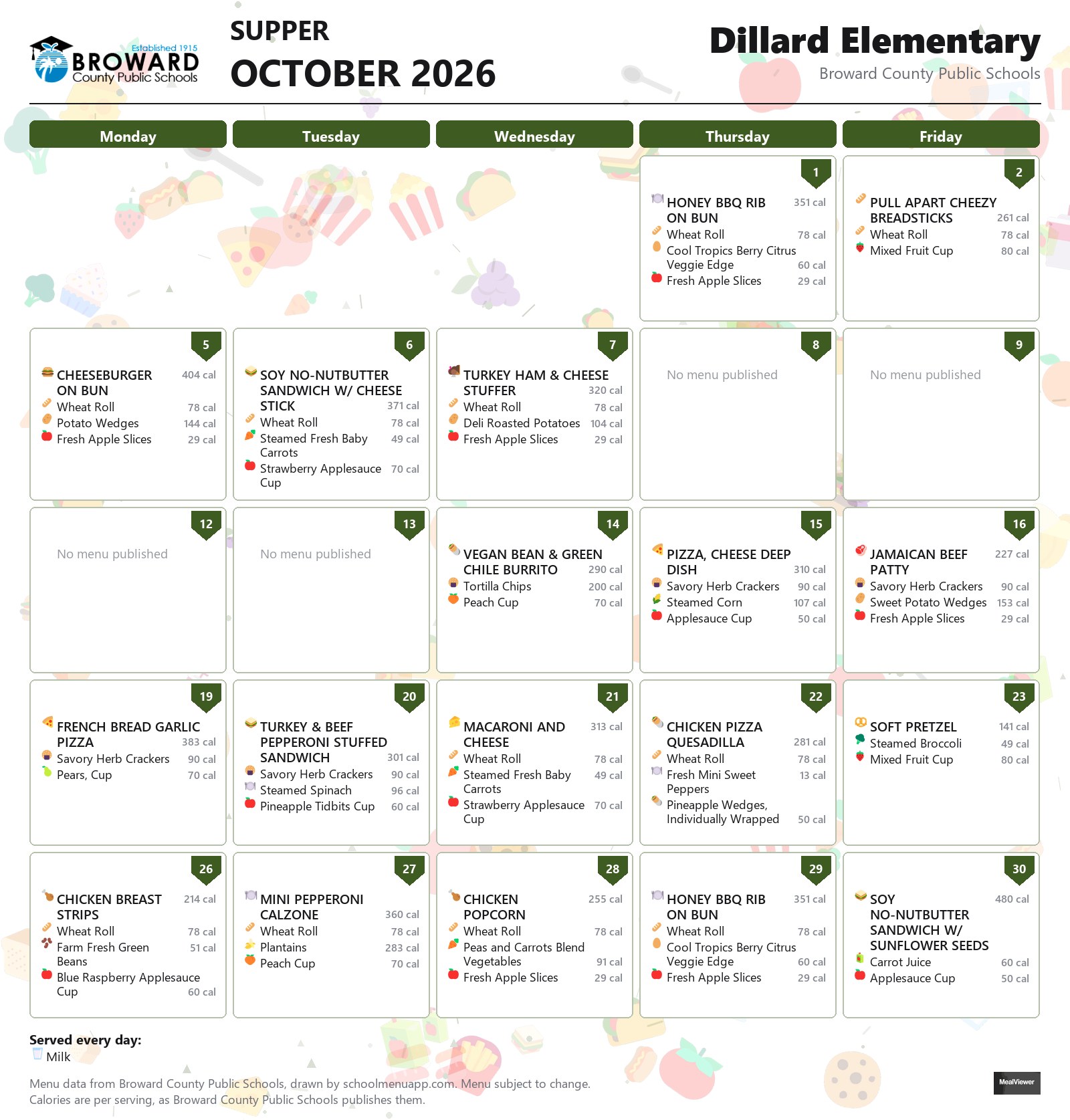 Dillard Elementary supper menu for October 2026 &mdash; Broward County Public Schools