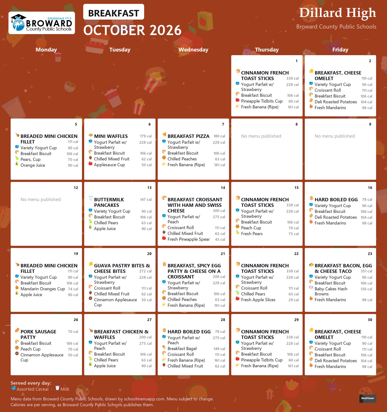 Dillard High breakfast menu for October 2026 &mdash; Broward County Public Schools
