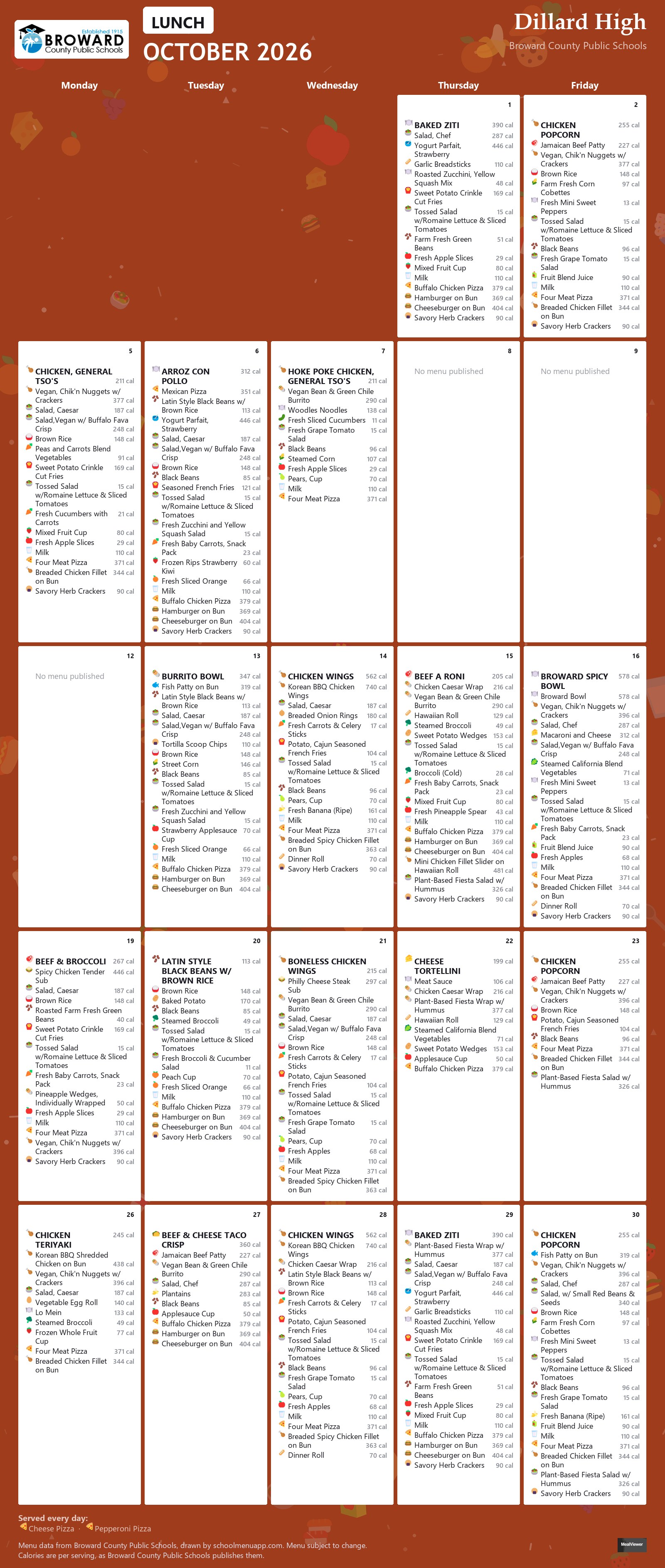 Dillard High lunch menu for October 2026 &mdash; Broward County Public Schools