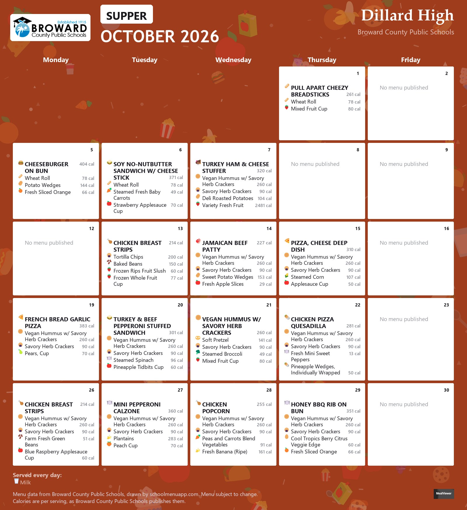 Dillard High supper menu for October 2026 &mdash; Broward County Public Schools