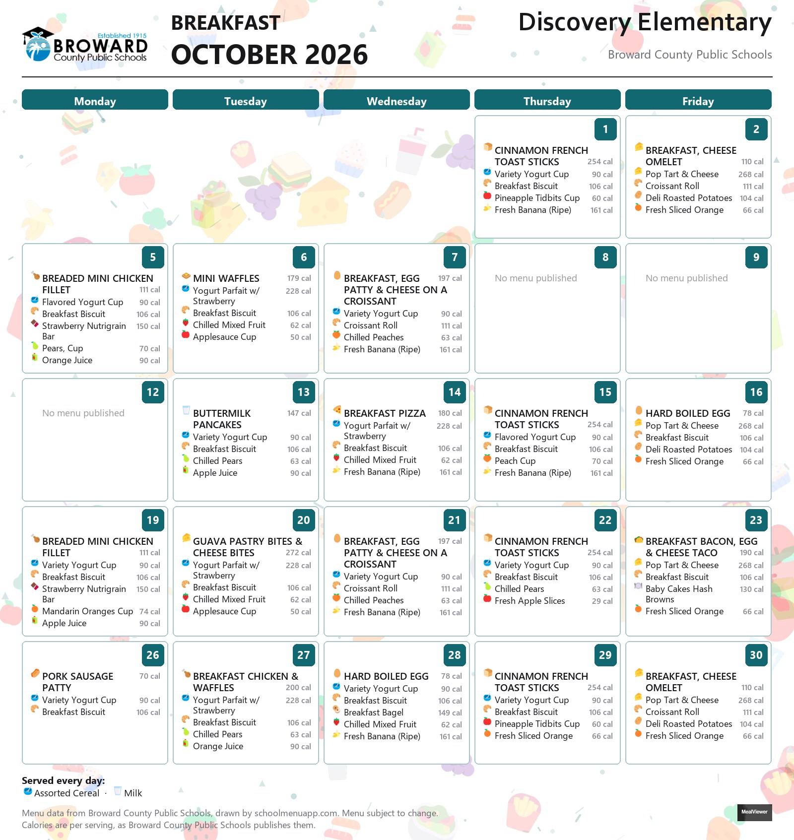 Discovery Elementary breakfast menu for October 2026 &mdash; Broward County Public Schools