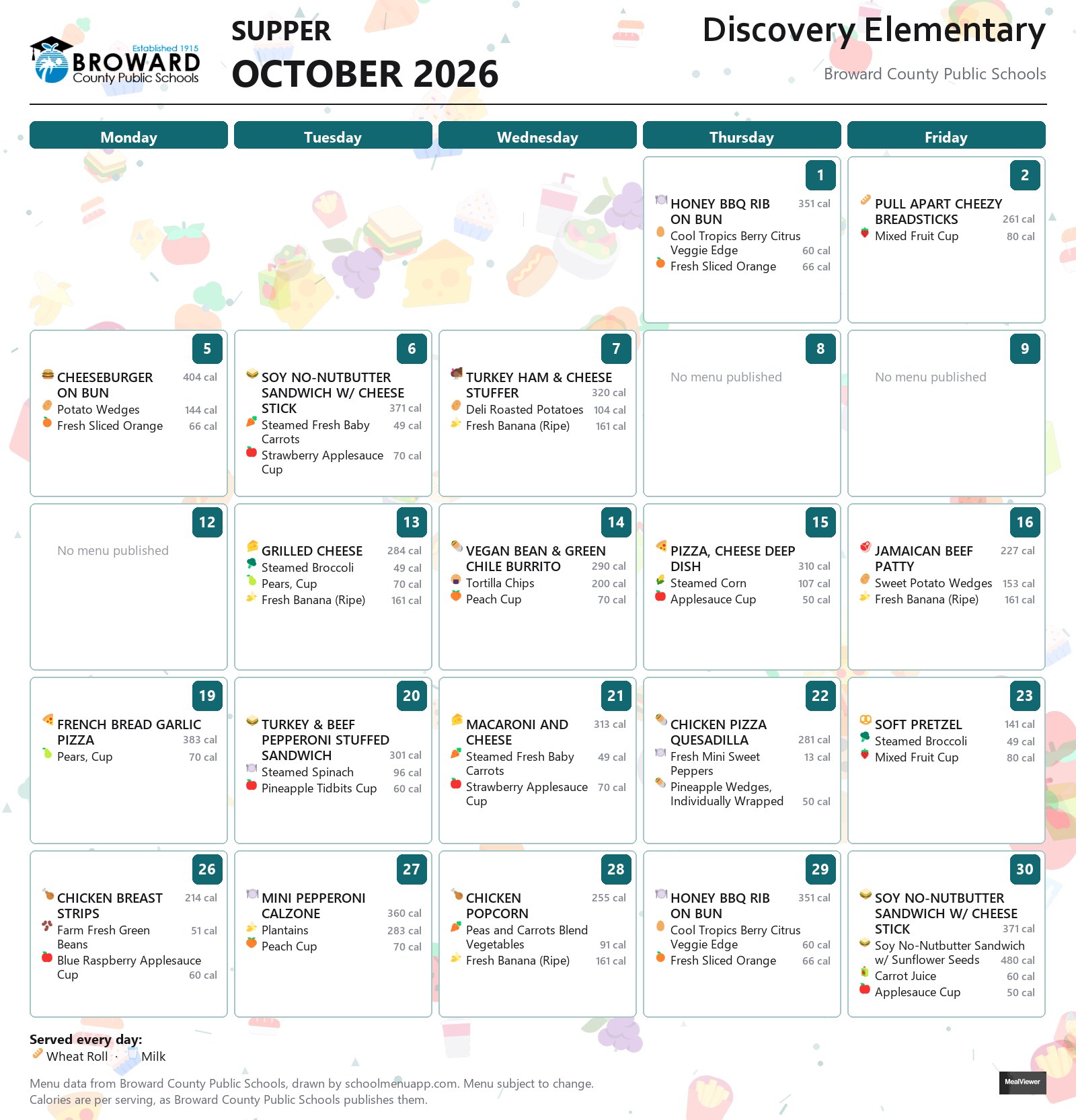 Discovery Elementary supper menu for October 2026 &mdash; Broward County Public Schools
