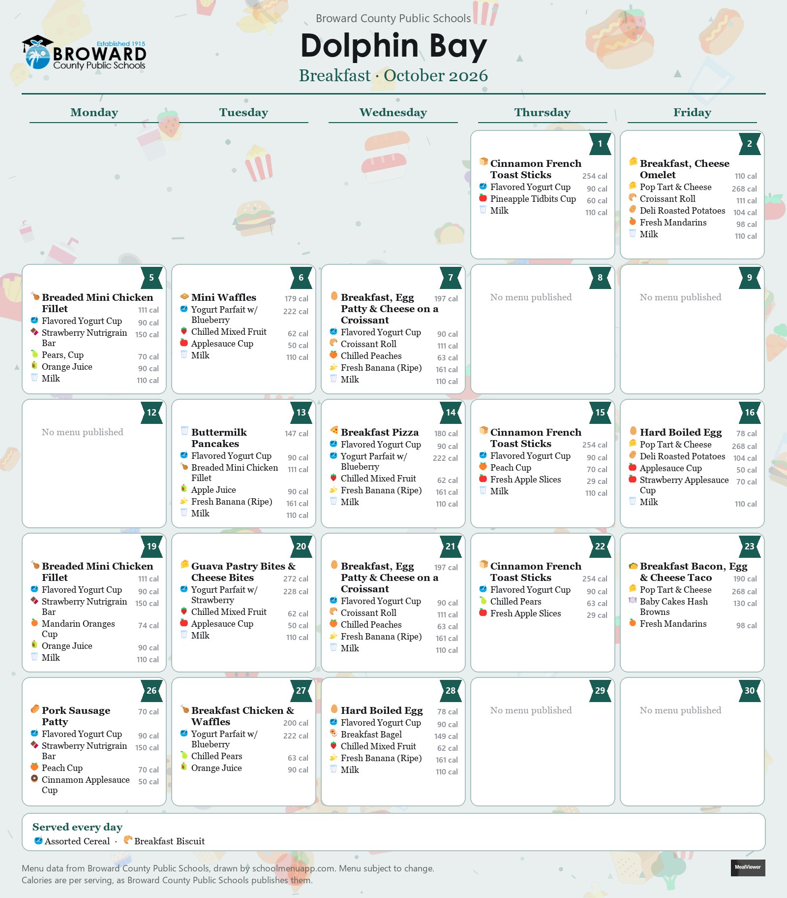 Dolphin Bay breakfast menu for October 2026 &mdash; Broward County Public Schools