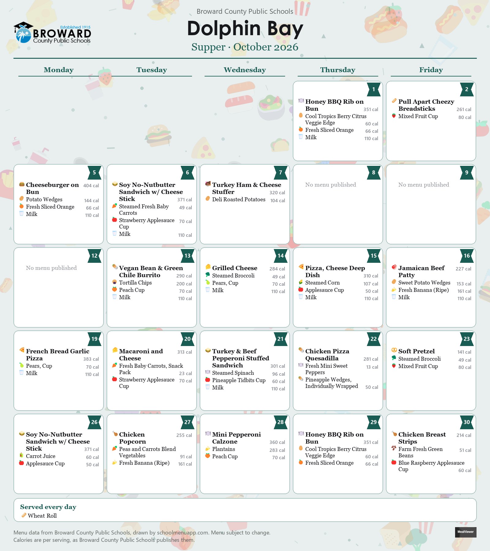 Dolphin Bay supper menu for October 2026 &mdash; Broward County Public Schools