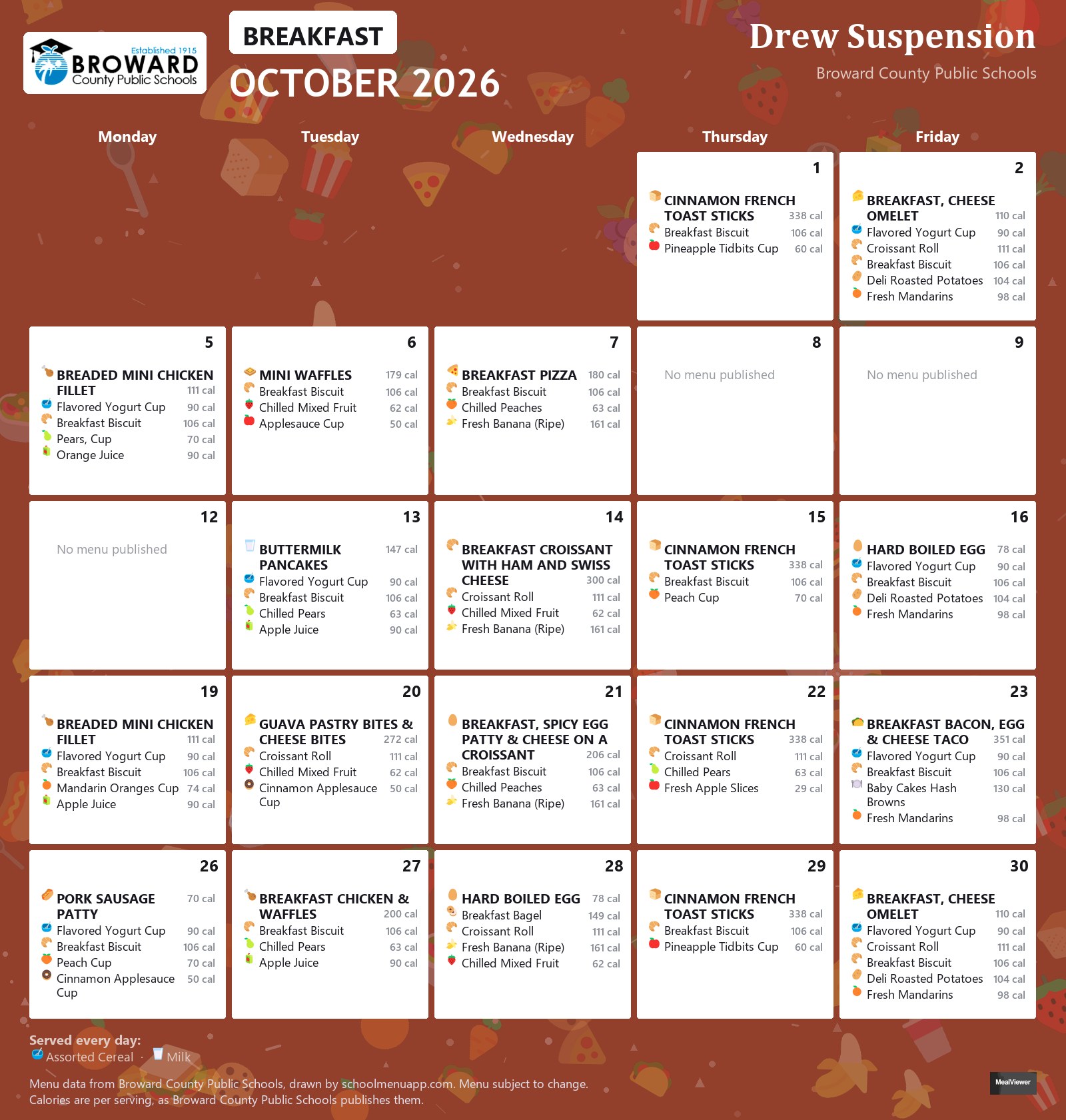 Drew Suspension breakfast menu for October 2026 &mdash; Broward County Public Schools