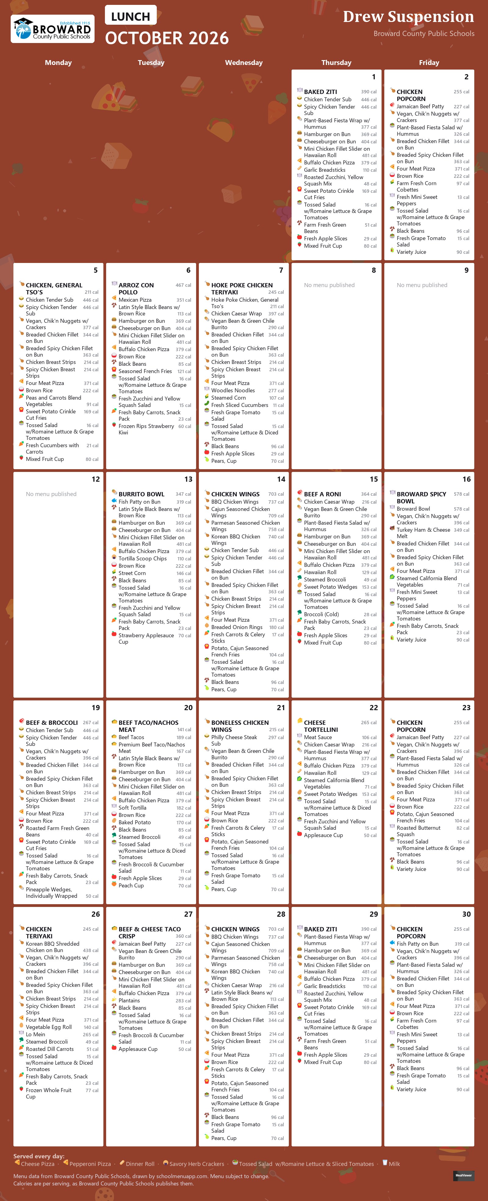Drew Suspension lunch menu for October 2026 &mdash; Broward County Public Schools