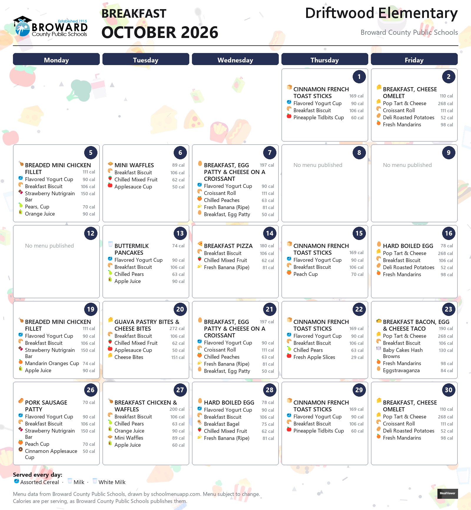 Driftwood Elementary breakfast menu for October 2026 &mdash; Broward County Public Schools