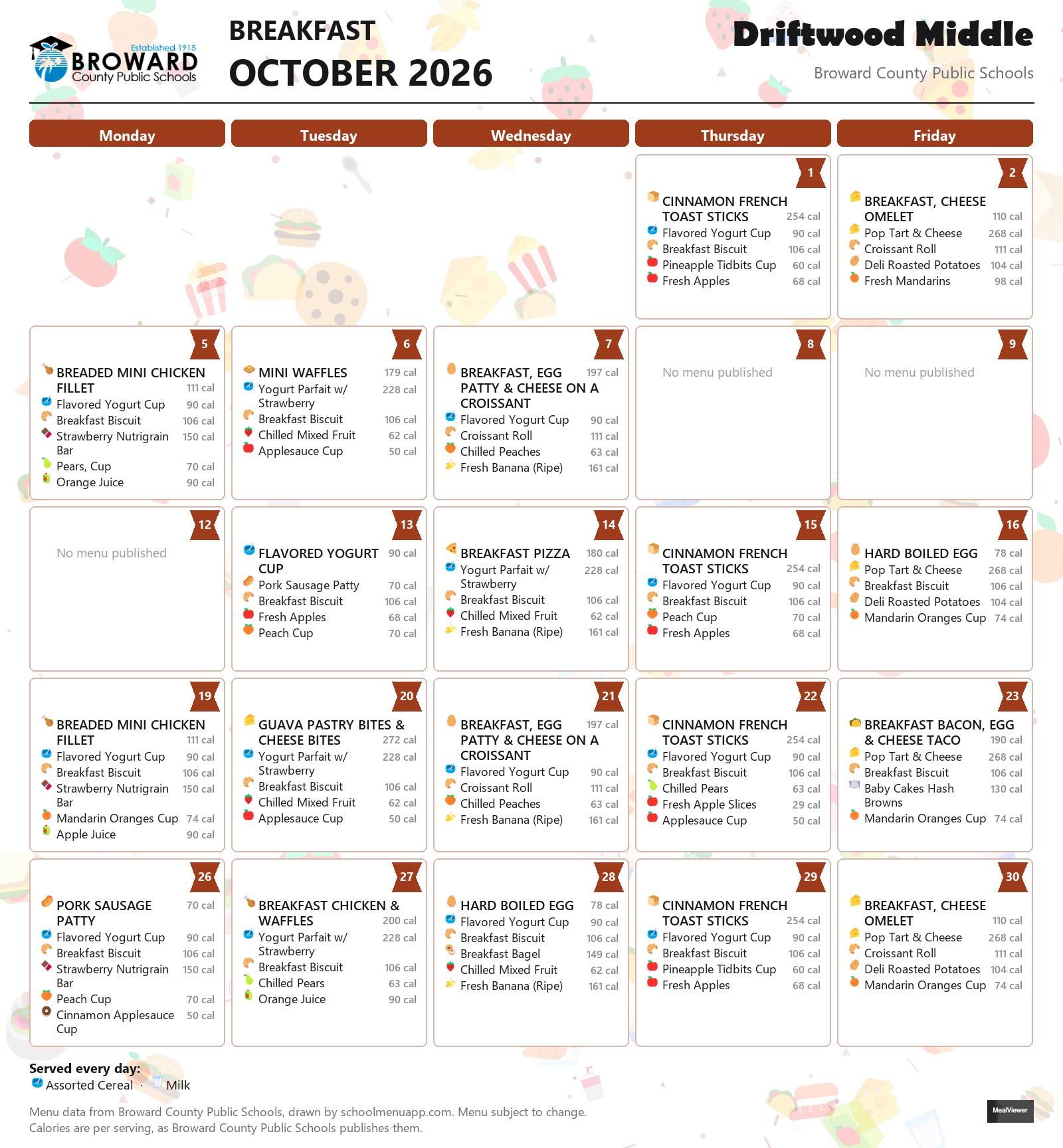 Driftwood Middle breakfast menu for October 2026 &mdash; Broward County Public Schools