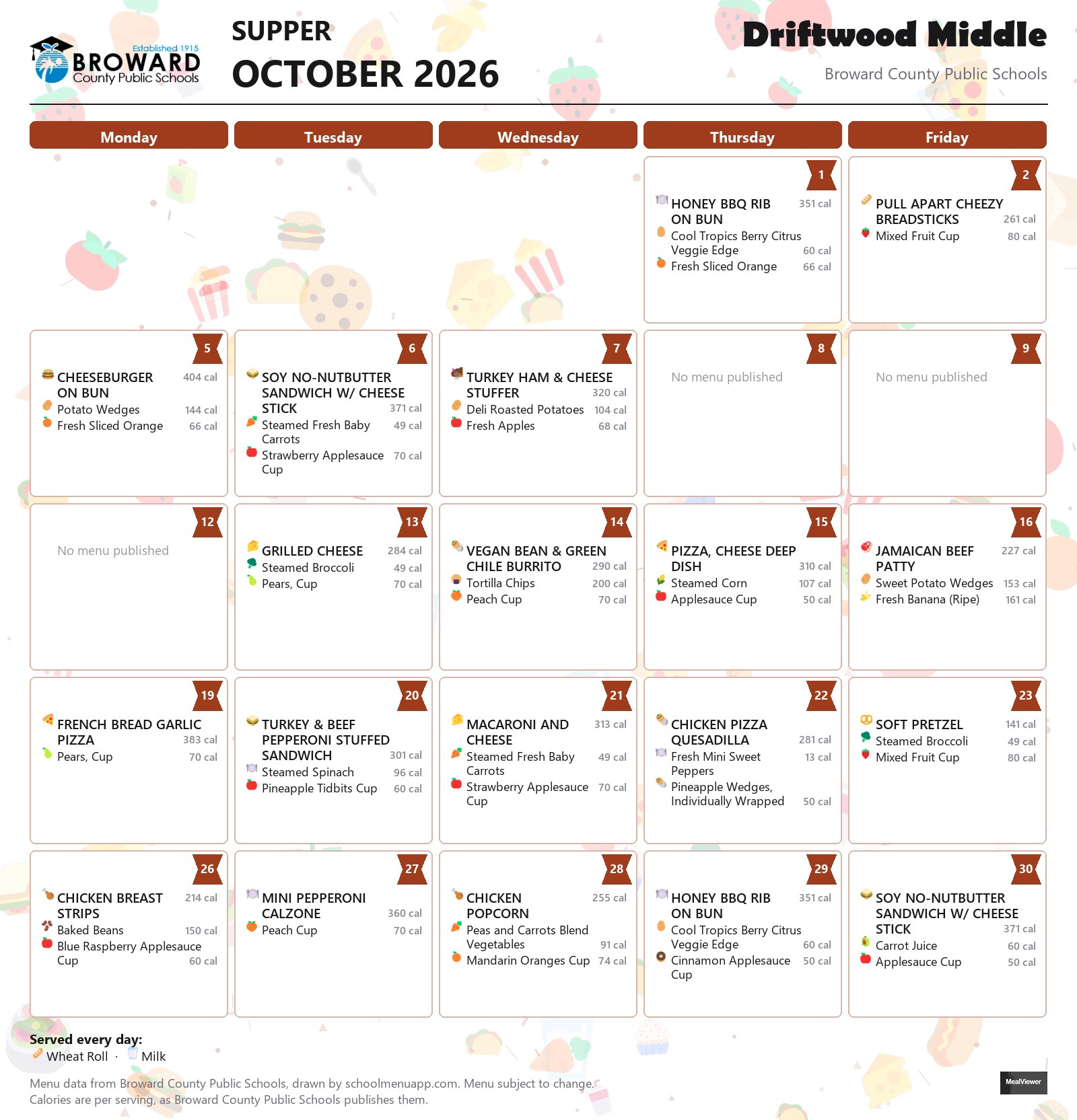 Driftwood Middle supper menu for October 2026 &mdash; Broward County Public Schools