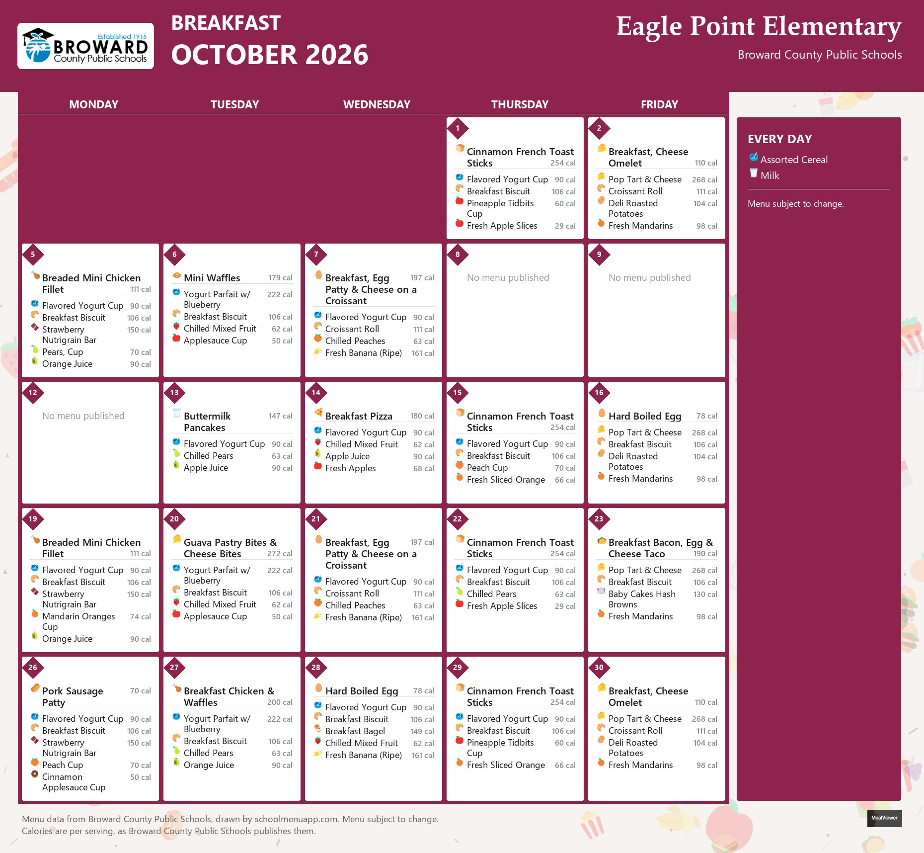Eagle Point Elementary breakfast menu for October 2026 &mdash; Broward County Public Schools