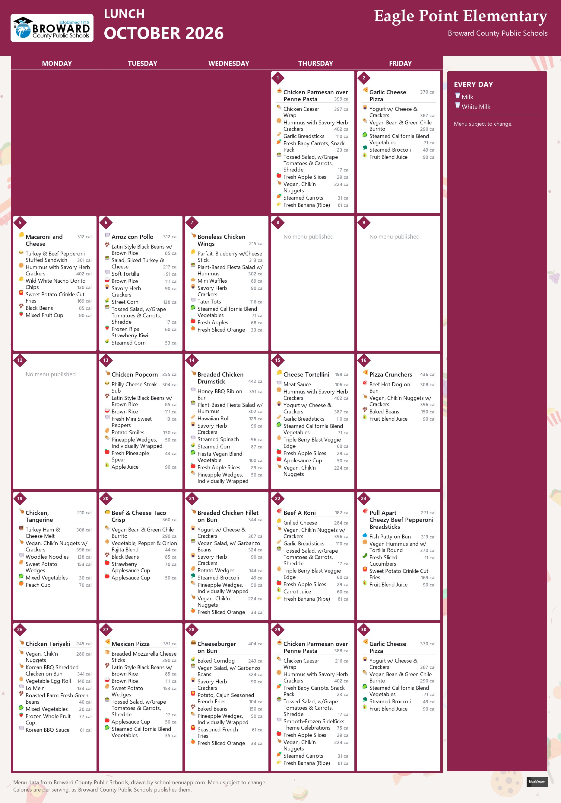 Eagle Point Elementary lunch menu for October 2026 &mdash; Broward County Public Schools