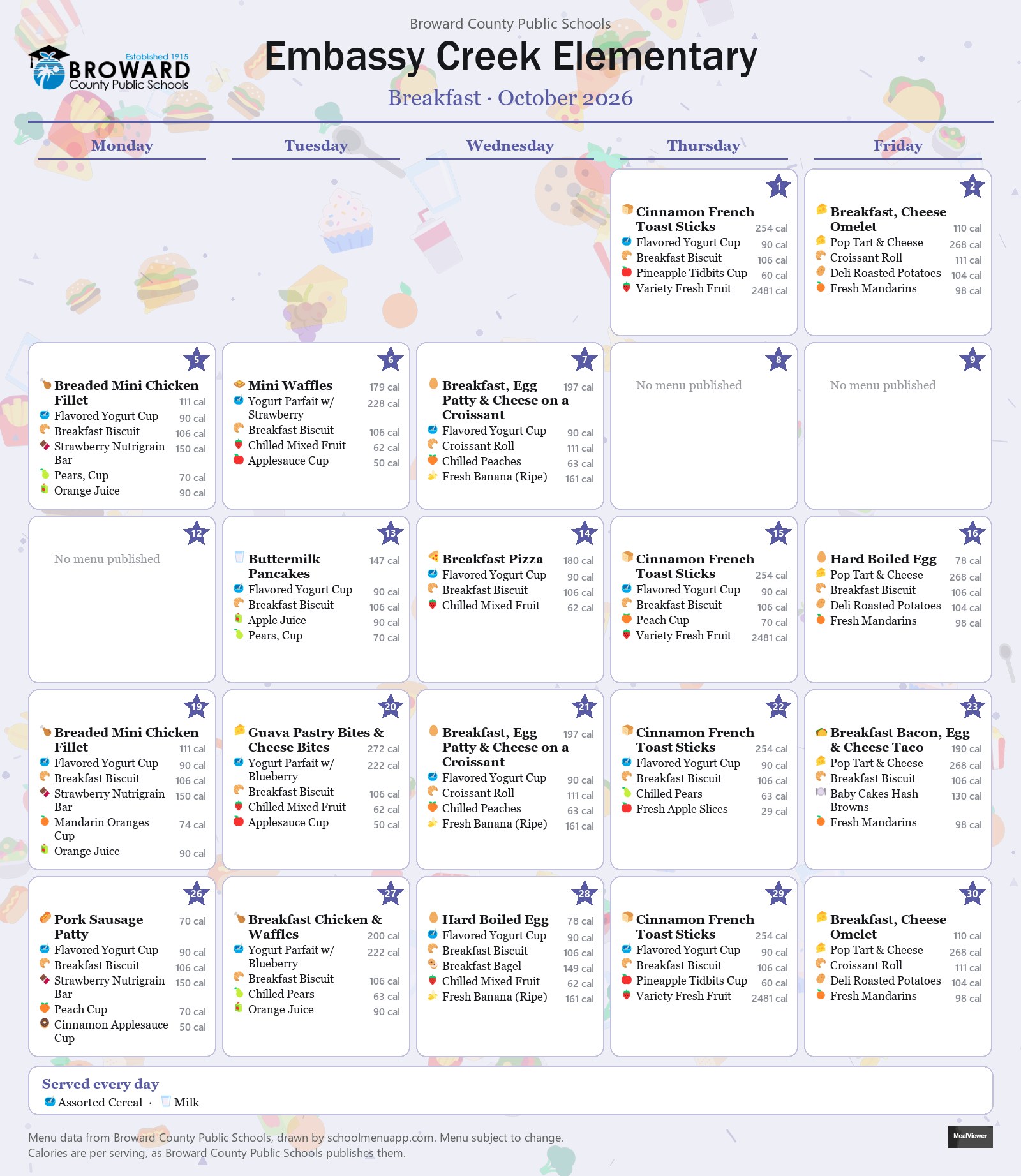 Embassy Creek Elementary breakfast menu for October 2026 &mdash; Broward County Public Schools