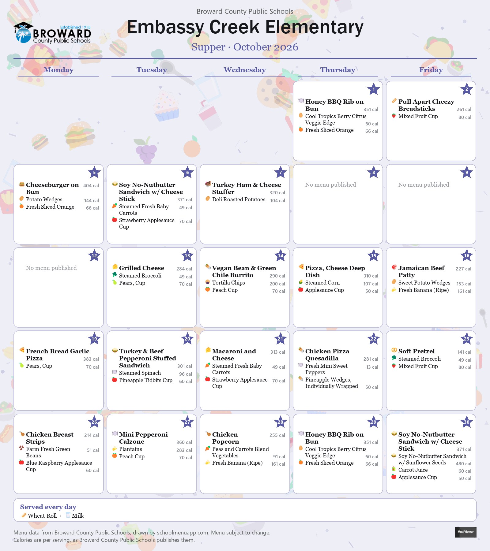 Embassy Creek Elementary supper menu for October 2026 &mdash; Broward County Public Schools