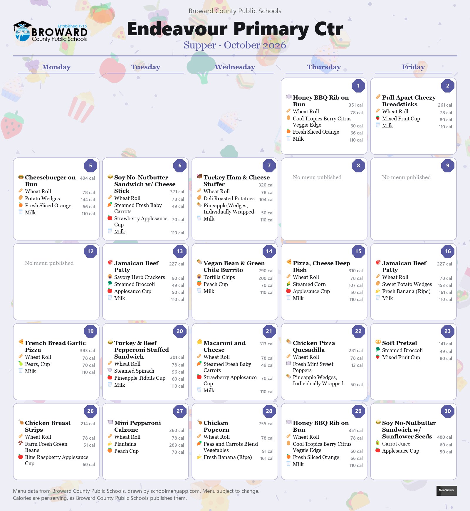 Endeavour Primary Ctr supper menu for October 2026 &mdash; Broward County Public Schools
