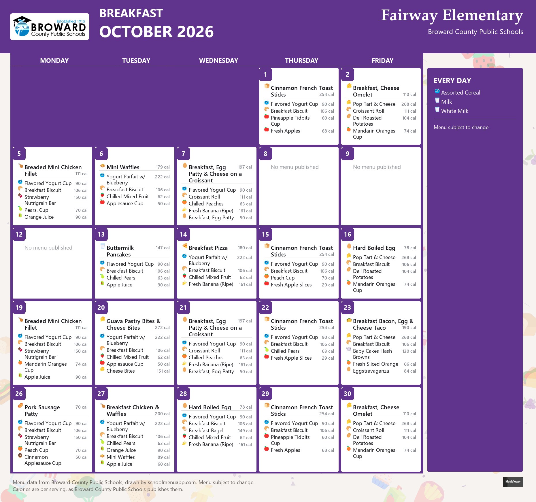 Fairway Elementary breakfast menu for October 2026 &mdash; Broward County Public Schools