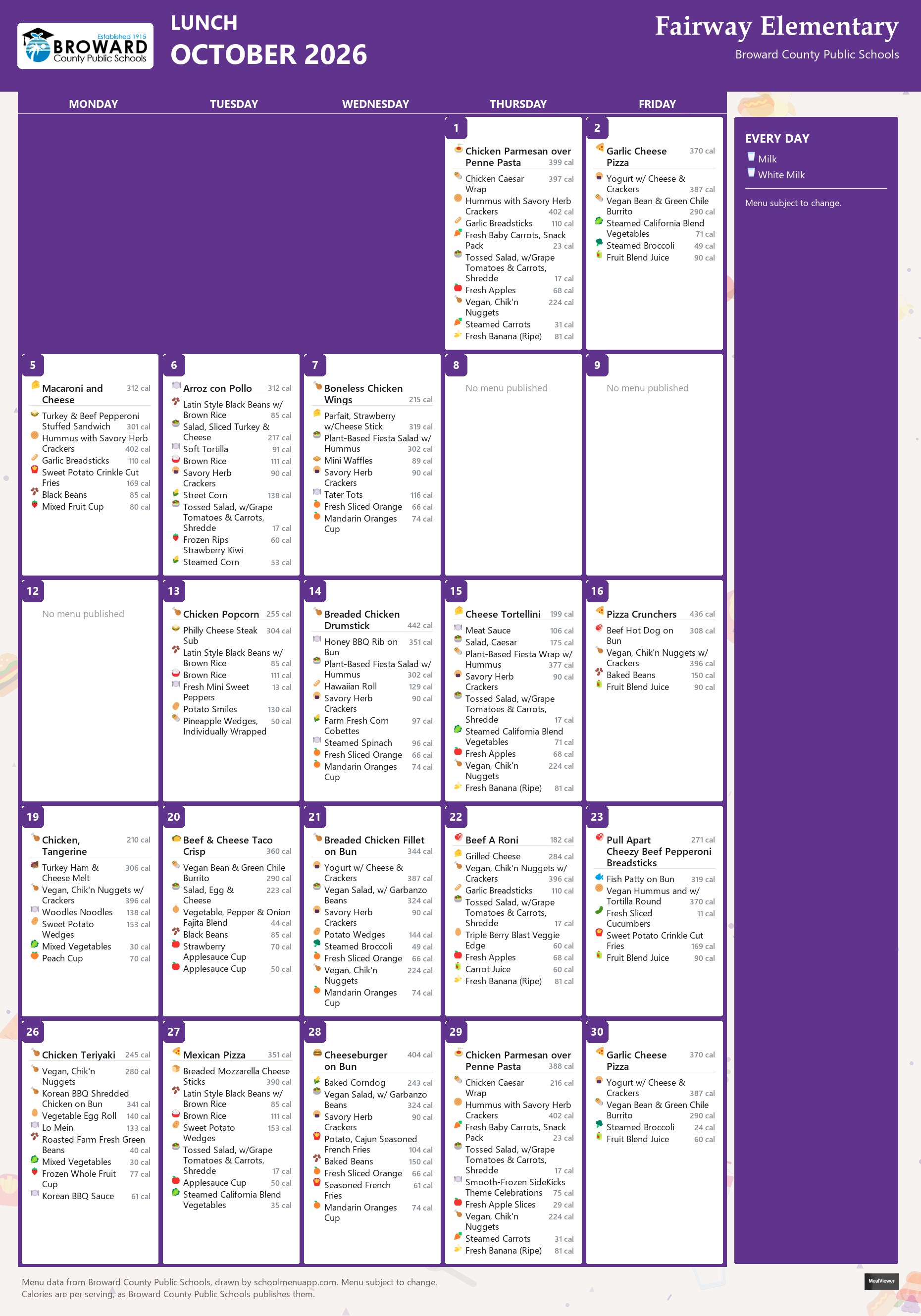 Fairway Elementary lunch menu for October 2026 &mdash; Broward County Public Schools