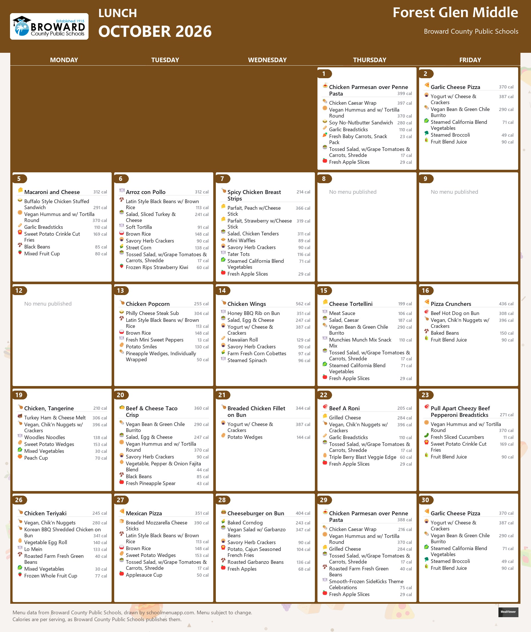 Forest Glen Middle lunch menu for October 2026 &mdash; Broward County Public Schools