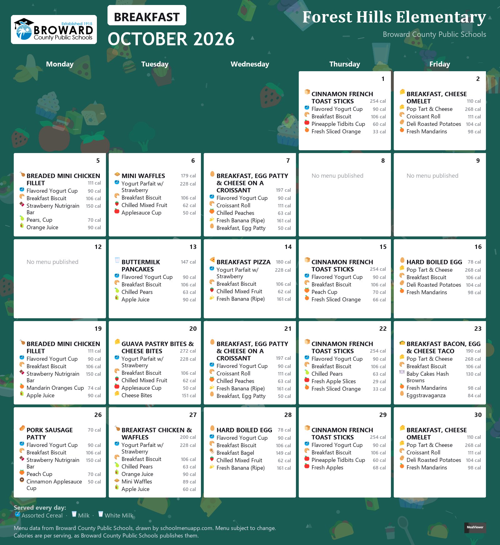 Forest Hills Elementary breakfast menu for October 2026 &mdash; Broward County Public Schools