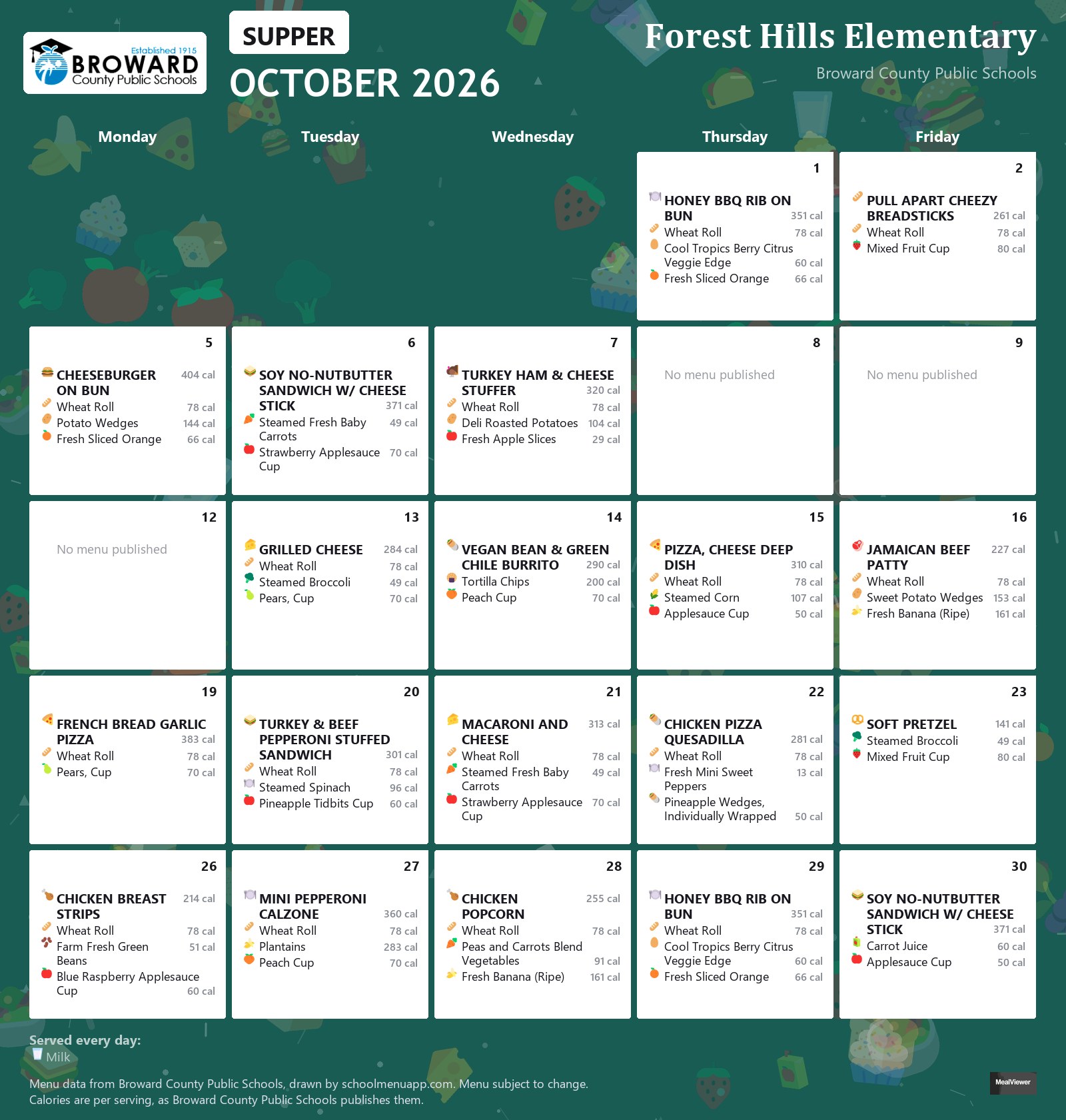 Forest Hills Elementary supper menu for October 2026 &mdash; Broward County Public Schools