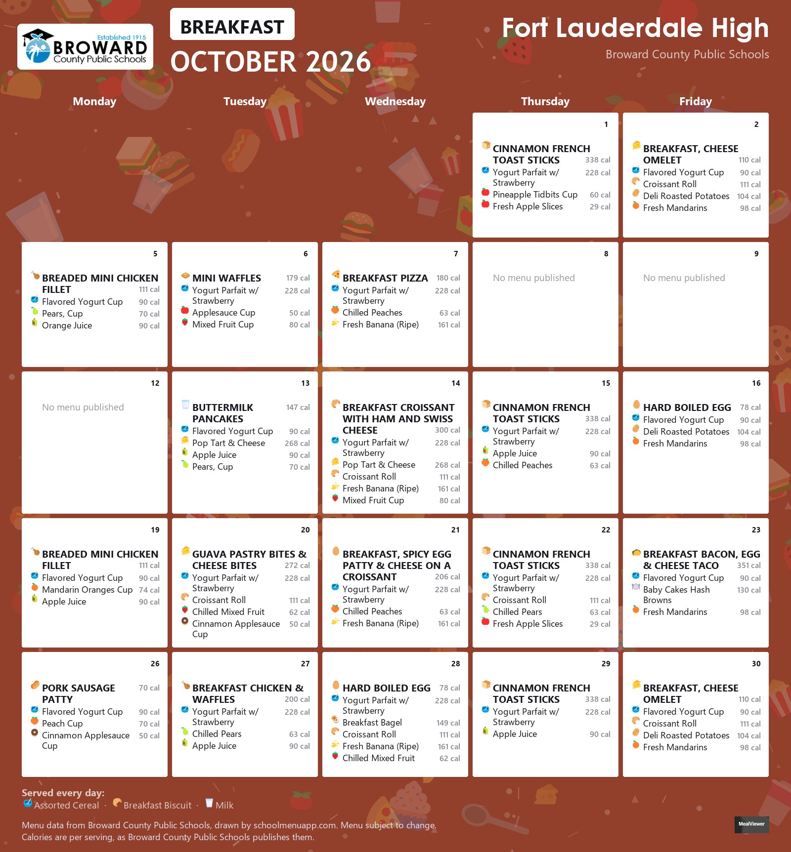 Fort Lauderdale High breakfast menu for October 2026 &mdash; Broward County Public Schools