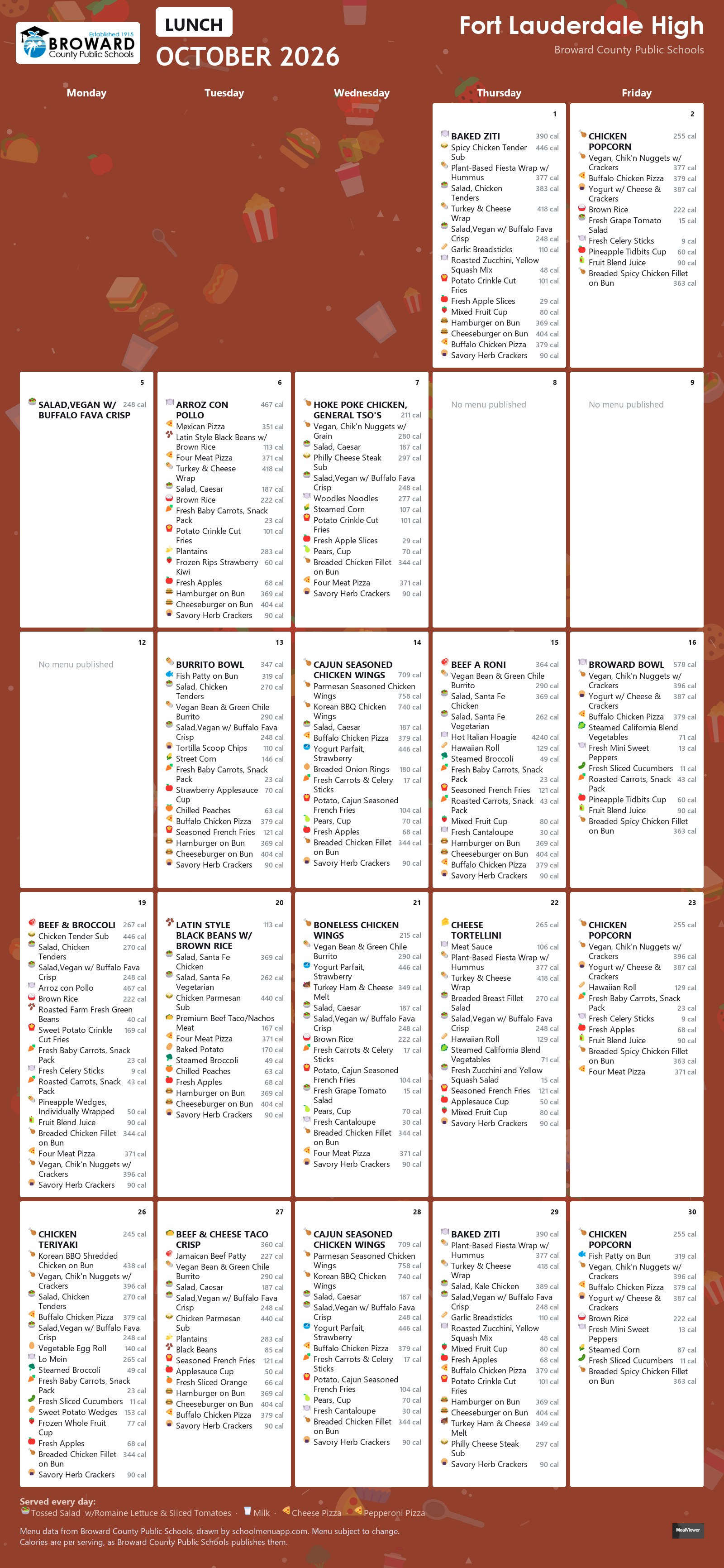 Fort Lauderdale High lunch menu for October 2026 &mdash; Broward County Public Schools
